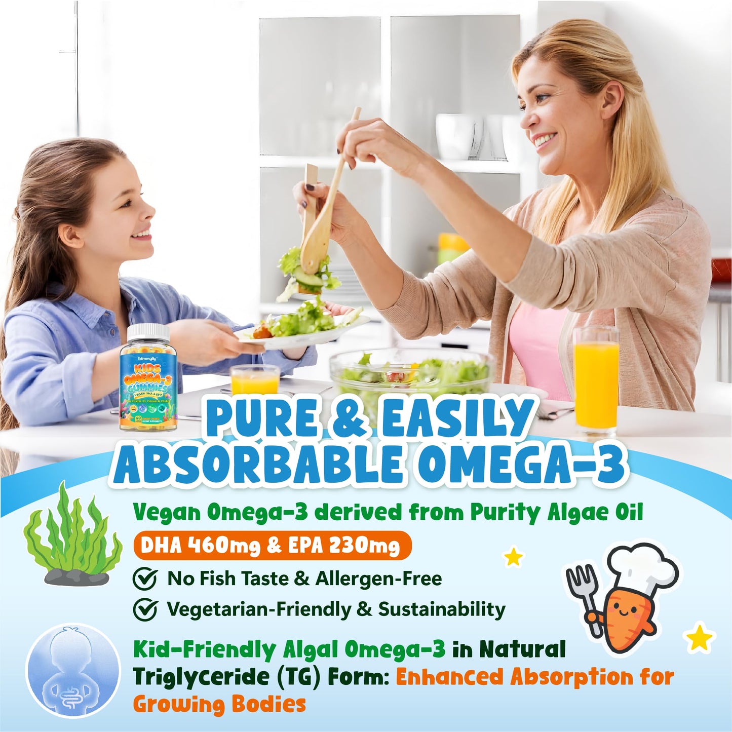 Edmmyliy Kids Omega-3 Gummies with Algae Omega-3, Choline, Lutein, Vitamin D3, B12, Calcium & Zinc – Gummy – 120 Count