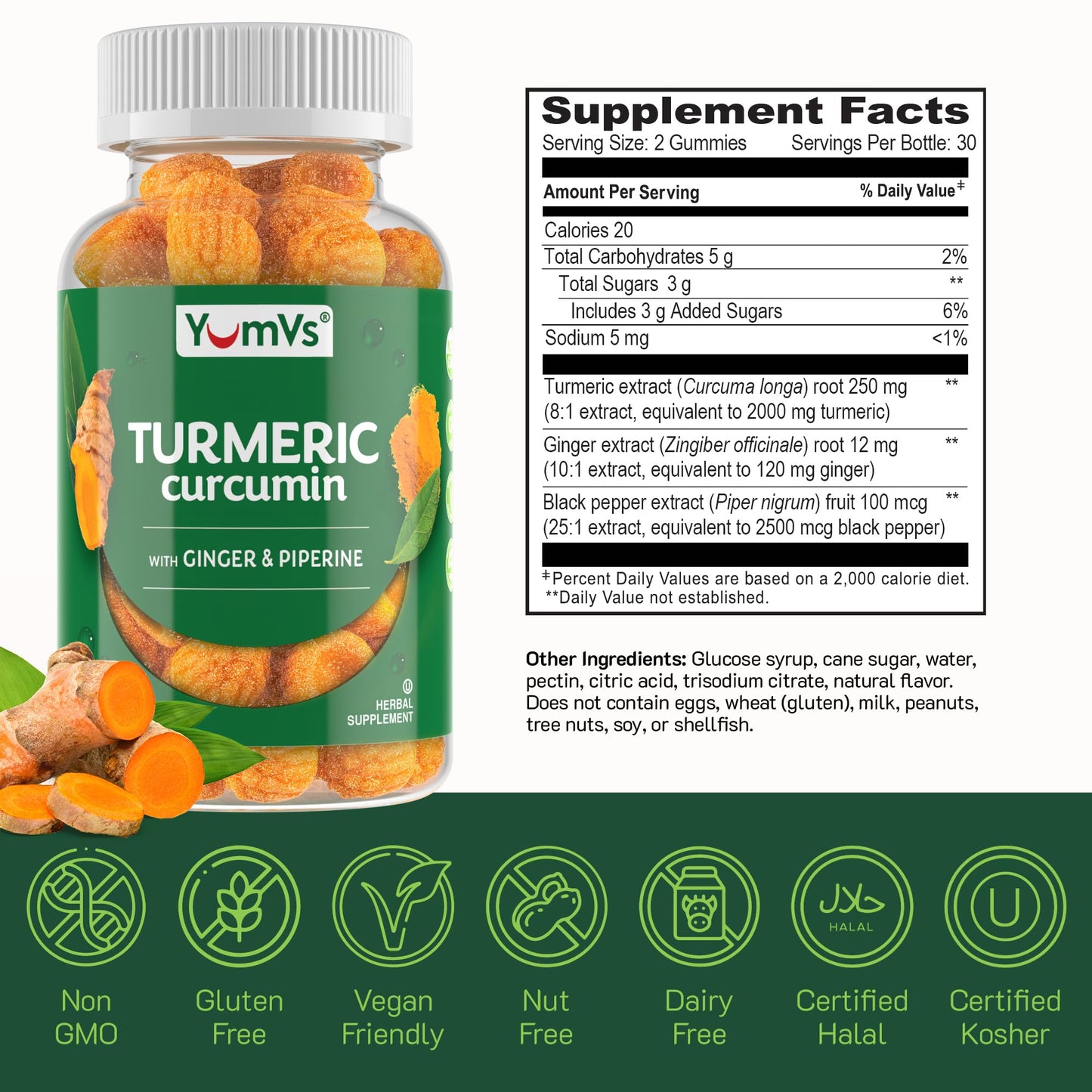 YUM-V'S Curcumin Turmeric Extract Gummies – Extra Strength 250mg with 100mcg Black Pepper & 12mg Ginger, Vegan Non-GMO Joint Support Chewables – Peach Flavor, 60 Count