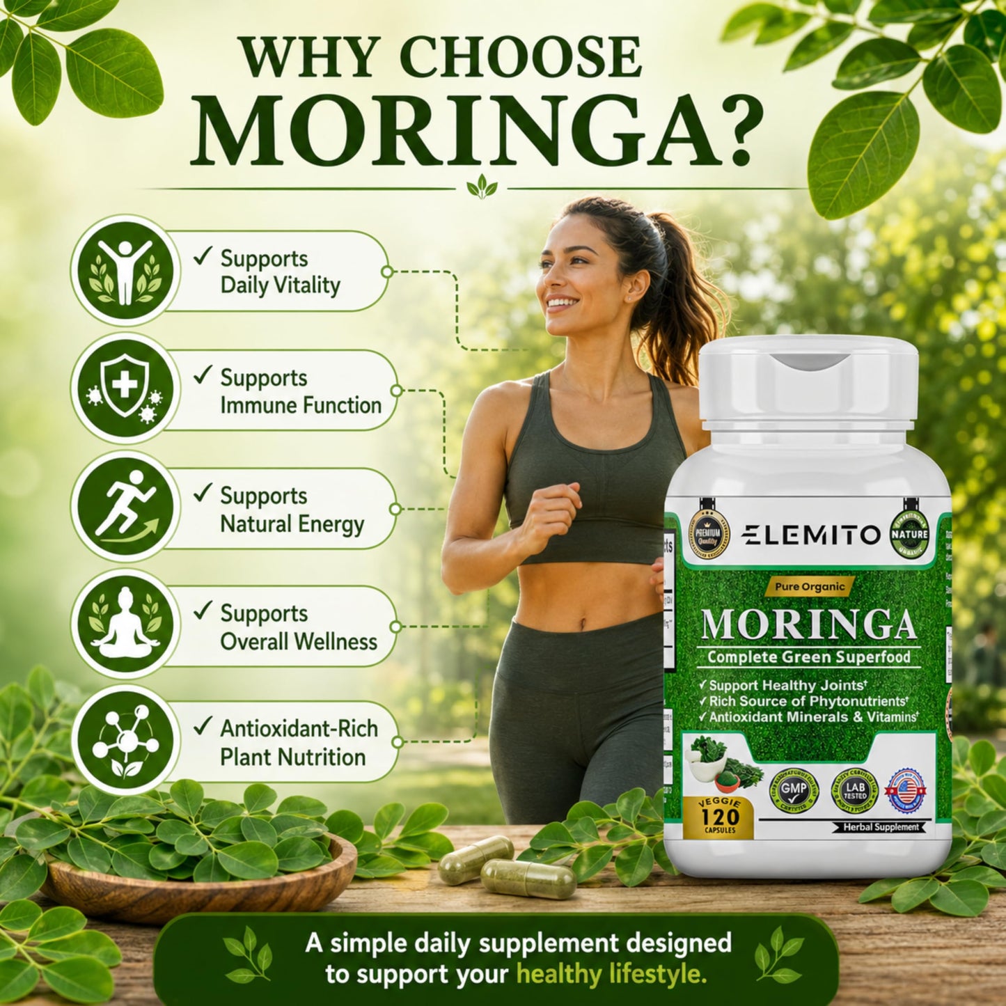 ELEMITO Moringa Oleifera 1000mg Capsule 120 Veggie Capsules