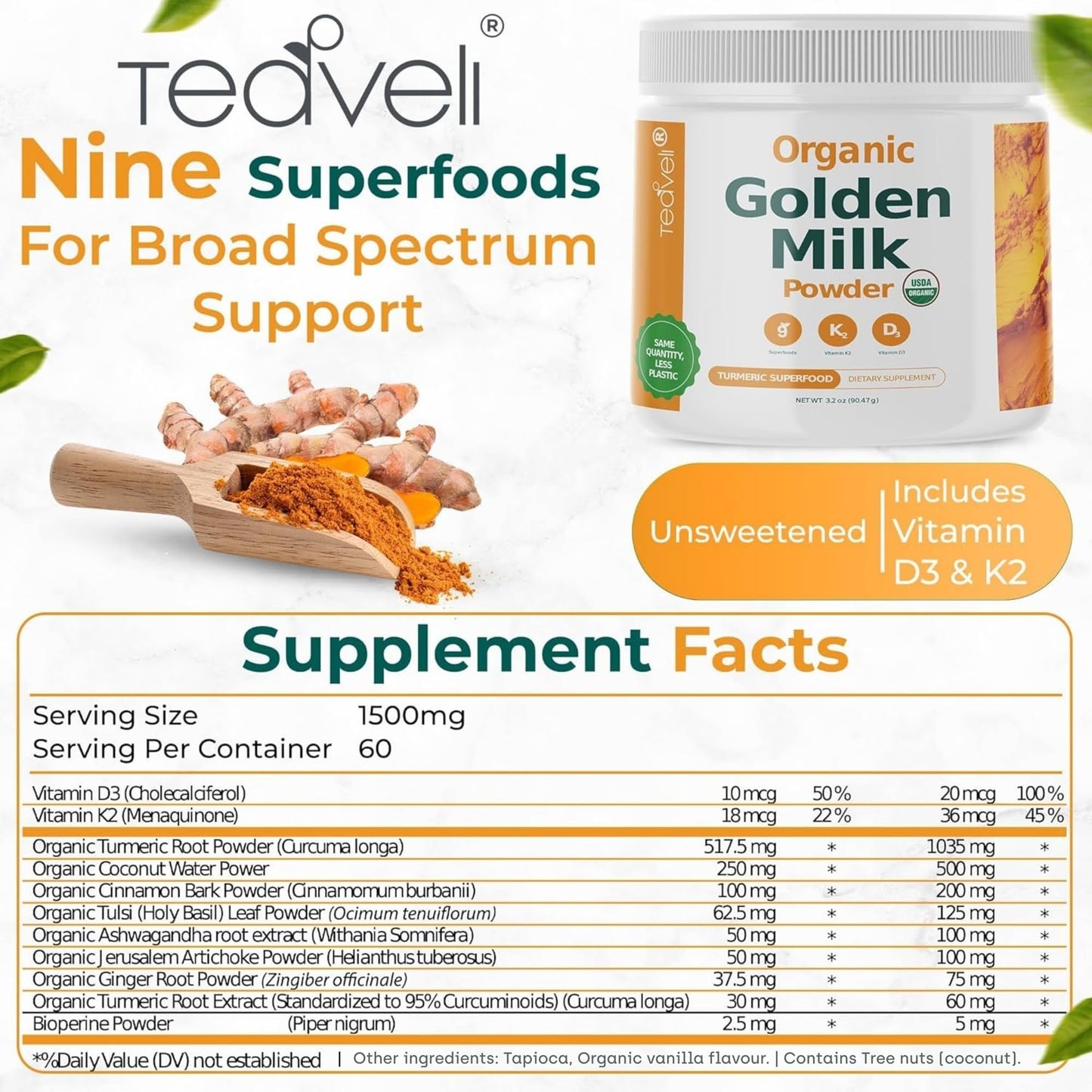 Teaveli Organic Golden Milk Powder with Vitamin D3 & K2, Turmeric, Ginger, Curcumin, Cinnamon, KSM66 Ashwagandha, Holy Basil & Natural Prebiotics Powder, 9.51 oz (Pack of 3)