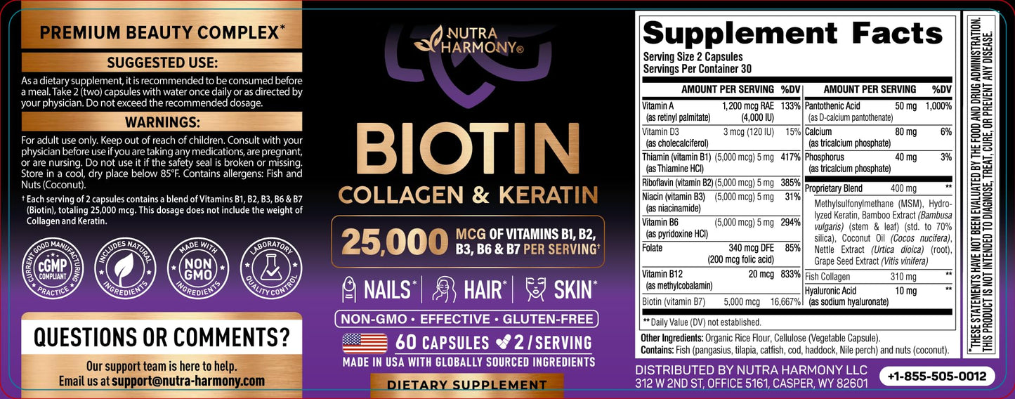 NUTRAHARMONY Biotin, Collagen, Keratin & Magnesium Glycinate with Glycine, 180 Capsules