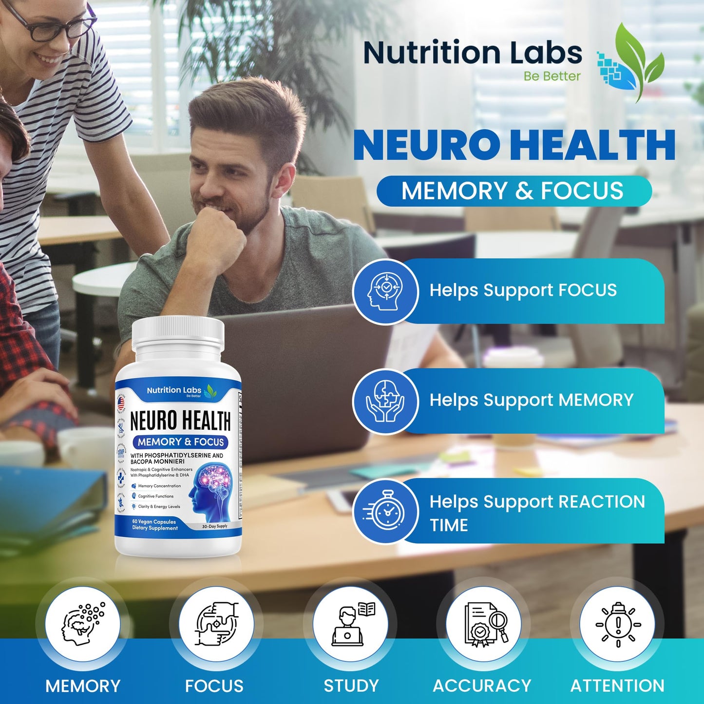 NUTRITION LABS BE BETTER Nootropic & Neuro Brain Supplement for Memory & Focus Support Capsule 1 Count