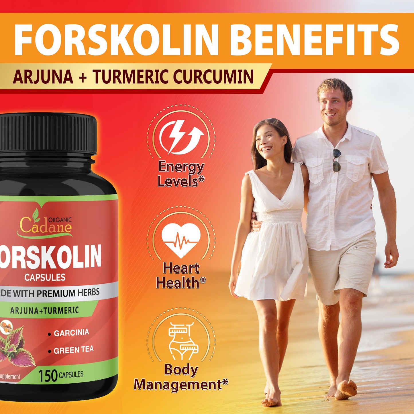 Organic Cadane Forskolin Supplements 5in1 with Turmeric Curcumin, Arjuna, Garcinia Cambogia, and Green Tea Capsules 150 Count