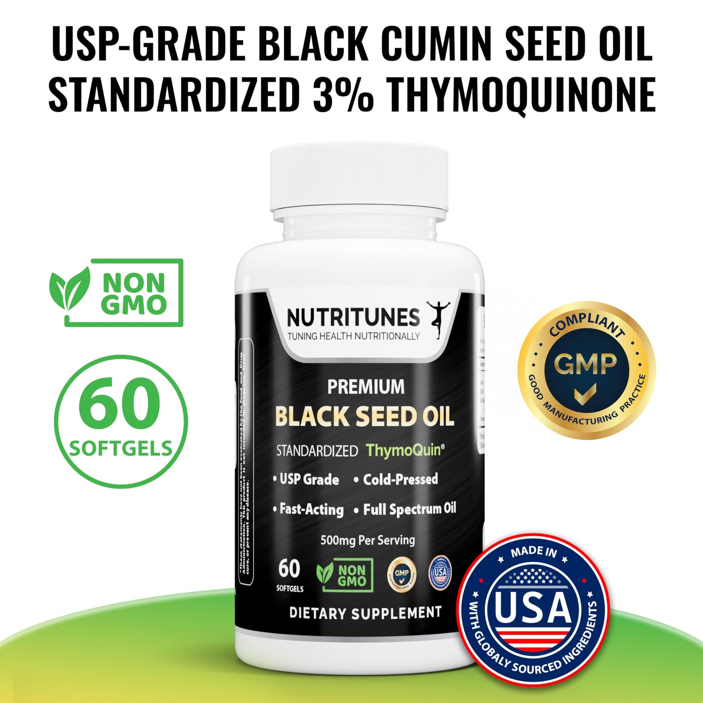 Nutritunes Black Seed Oil 3% Thymoquinone Standardized Softgels, 60 Count