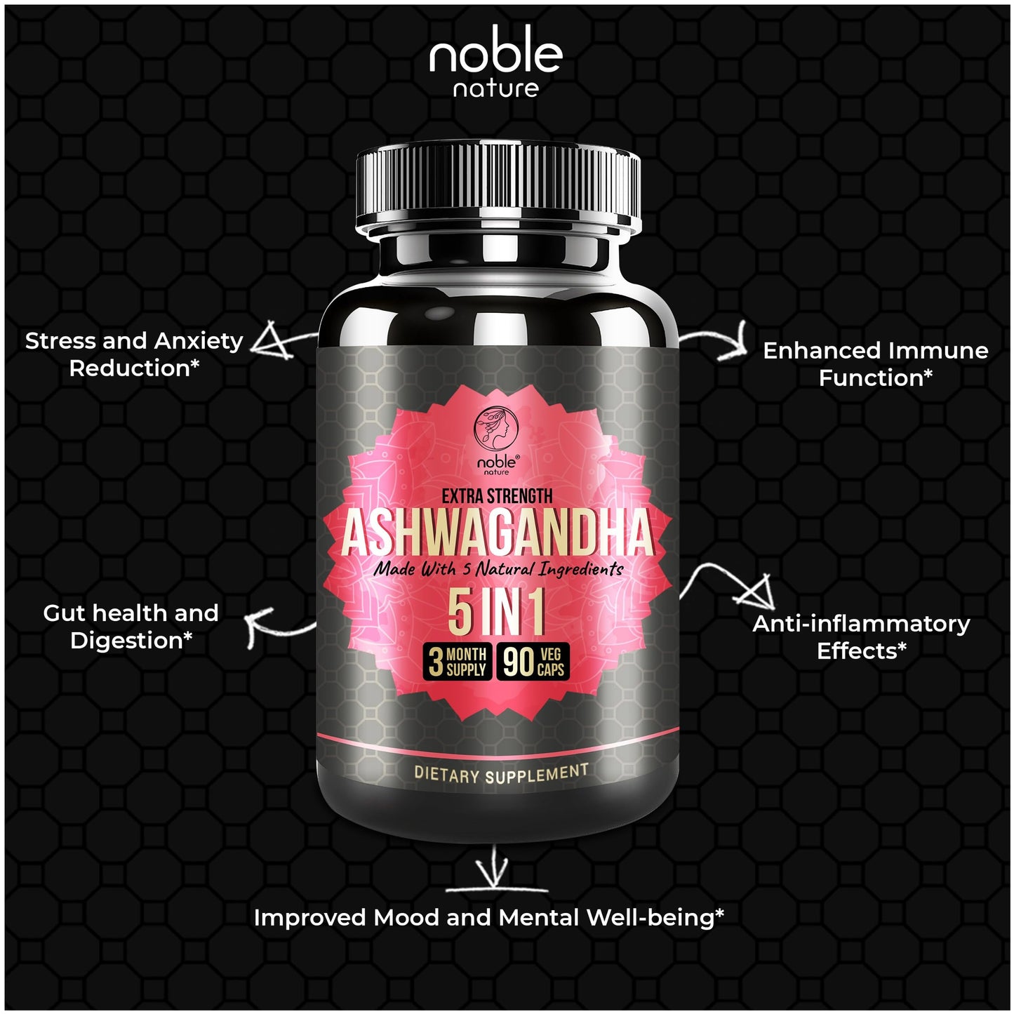 Noble Nature Ashwagandha Supplement with Turmeric, Rhodiola Rosea, Ginger Root, and Black Pepper Extract Capsule 90 Count