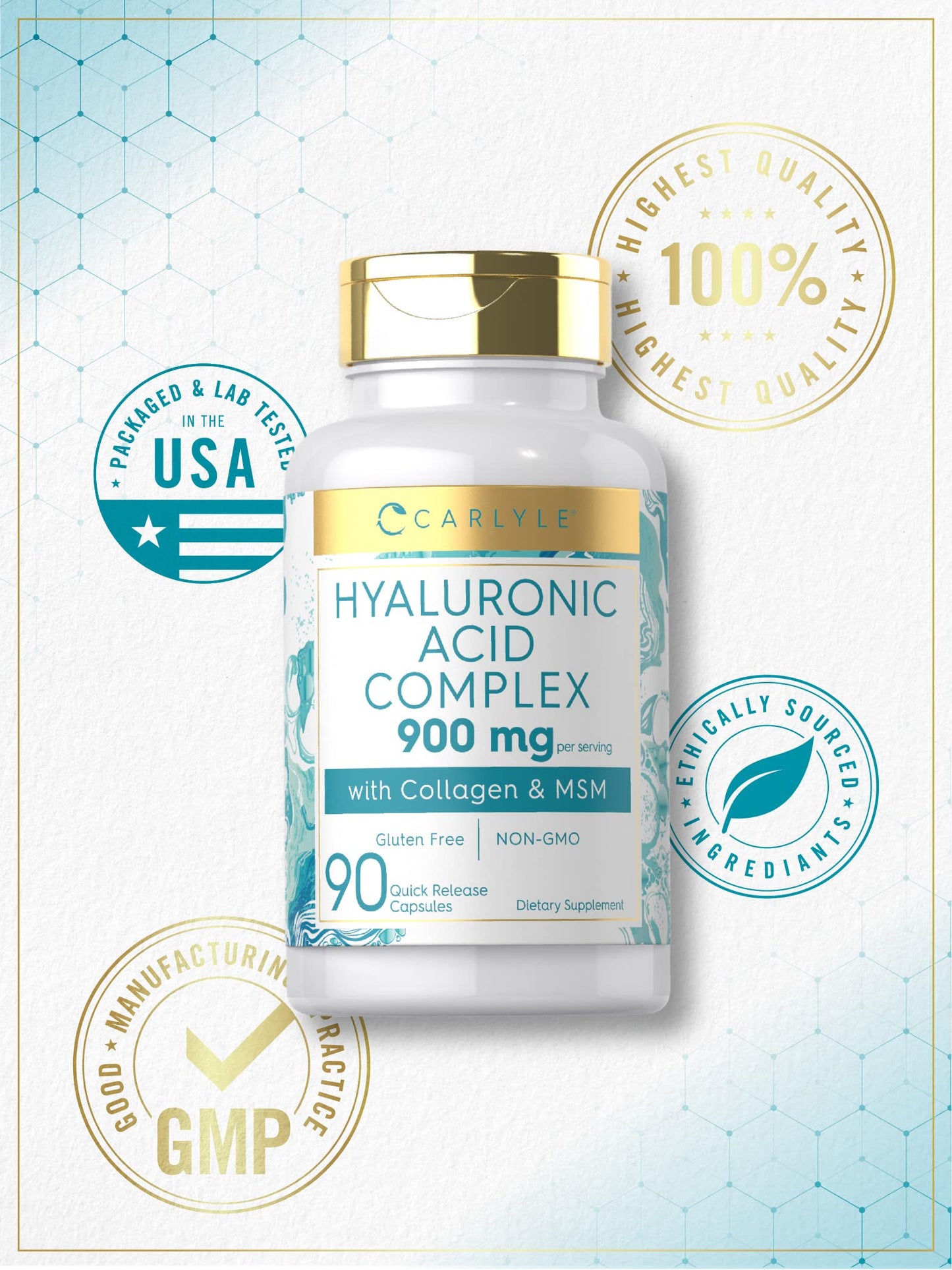 Carlyle Hyaluronic Acid Complex 900 mg with Collagen and MSM Capsules, 90 Count