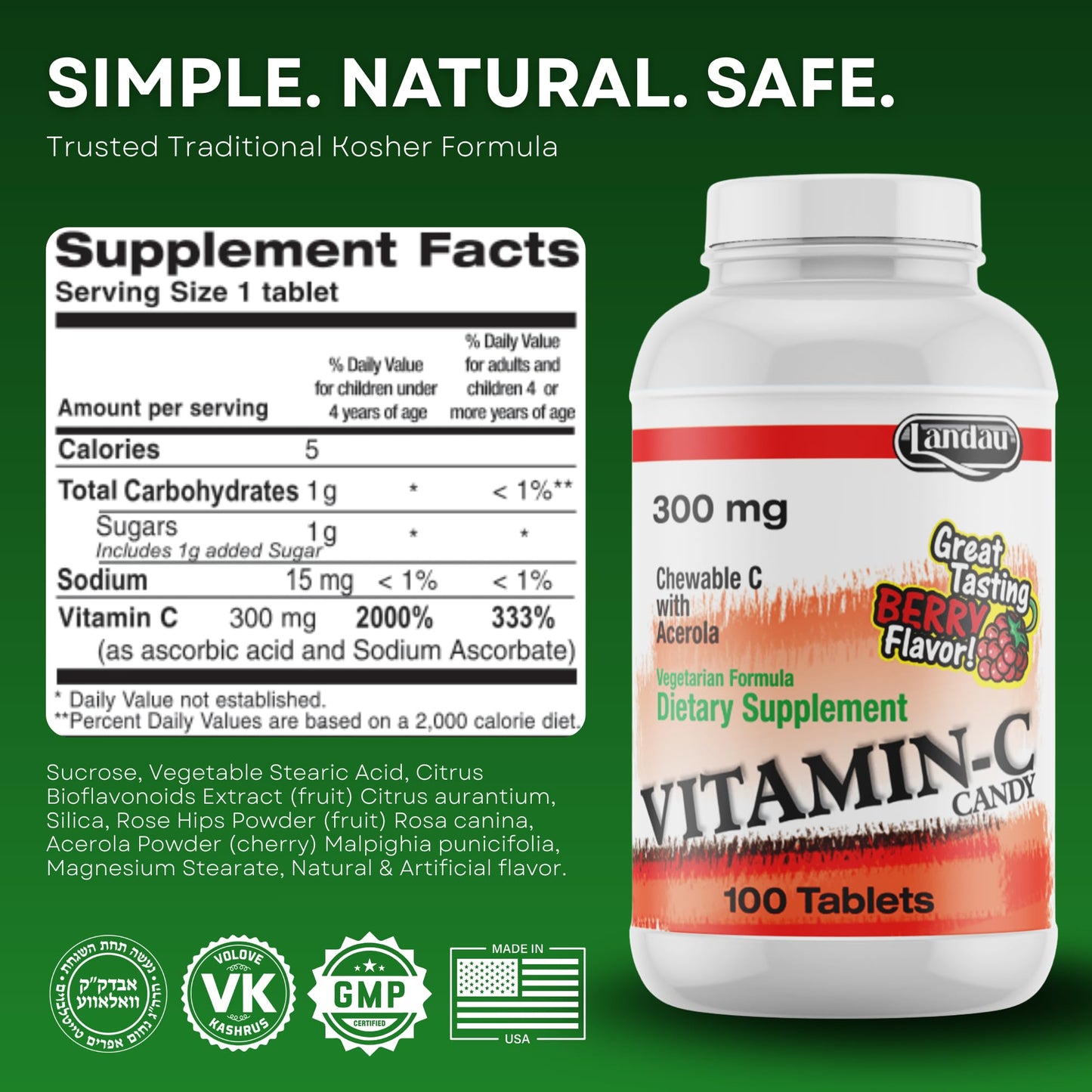 LANDAU Vitamin C 300 mg Tablets Berry Flavor, 100 Count