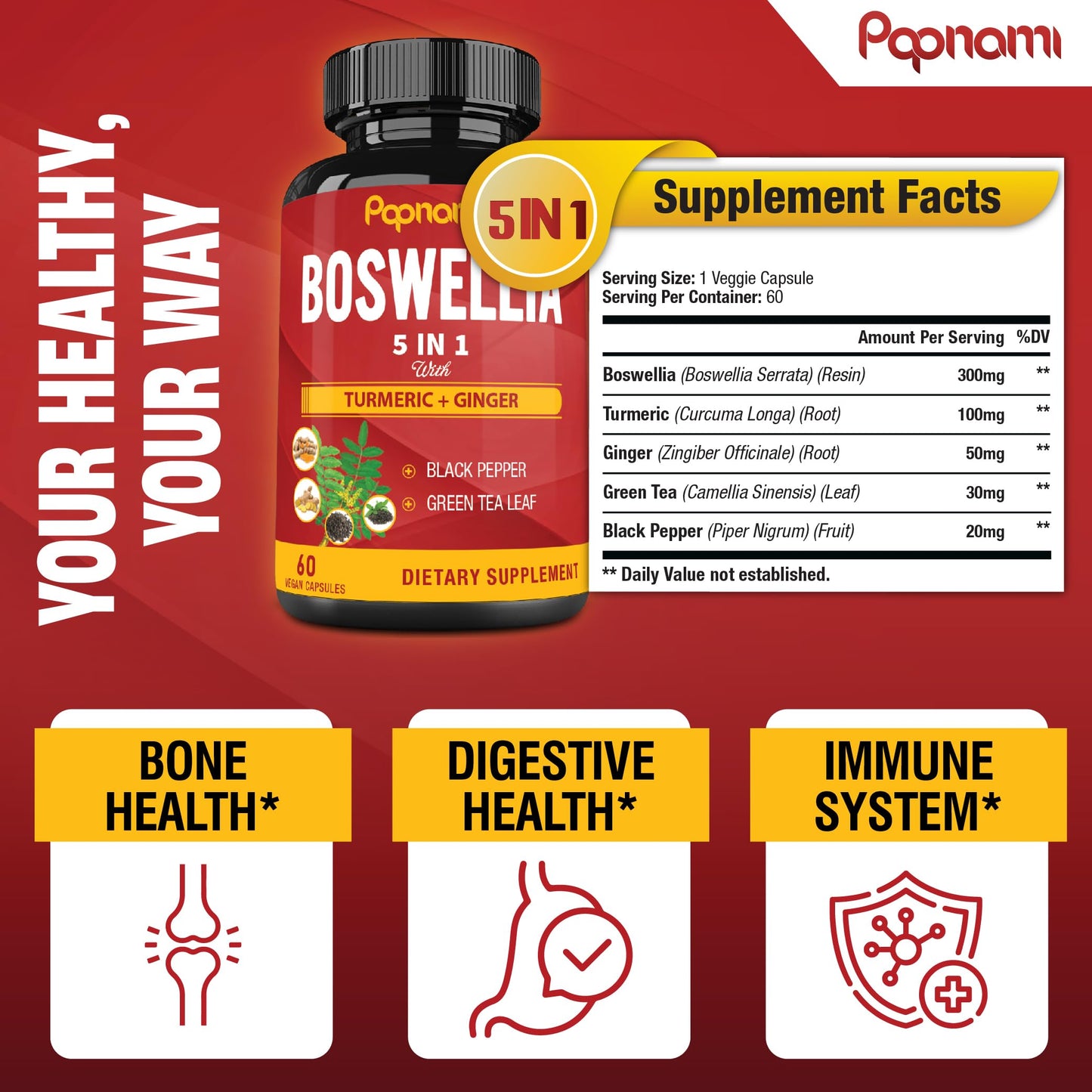 Papnami Organic Boswellia Serrata Extract Capsules with Turmeric, Ginger, Black Pepper & Green Tea, 60 Capsules