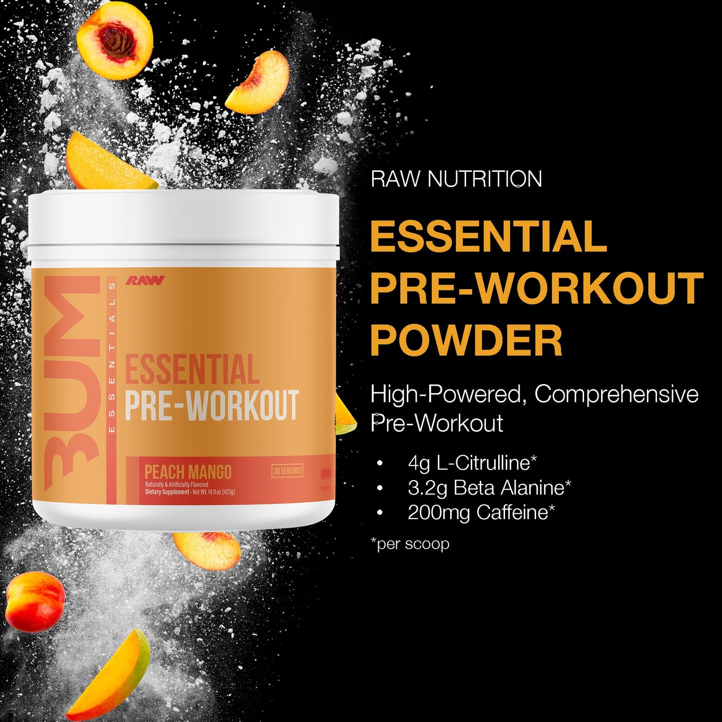 RAW Essential Pre Chris Bumstead Pre Workout Formula, Powder, 14.9 oz, Peach Mango