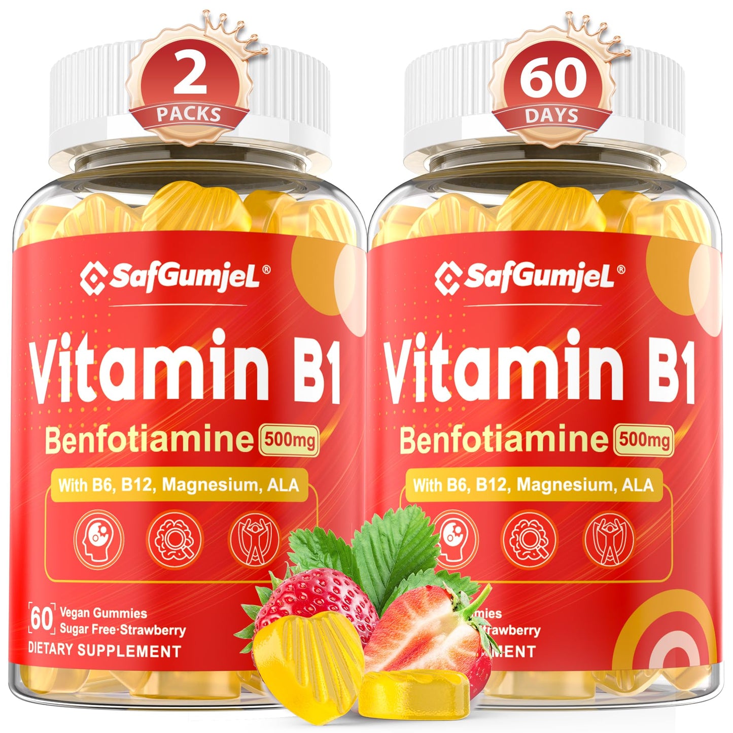 Safgumjel Vitamin B1 (Benfotiamine) Gummies 500mg – B1 B6 B12 with Magnesium for Energy Metabolism & Nervous System Support – Vegan, Sugar Free – 120 Gummies