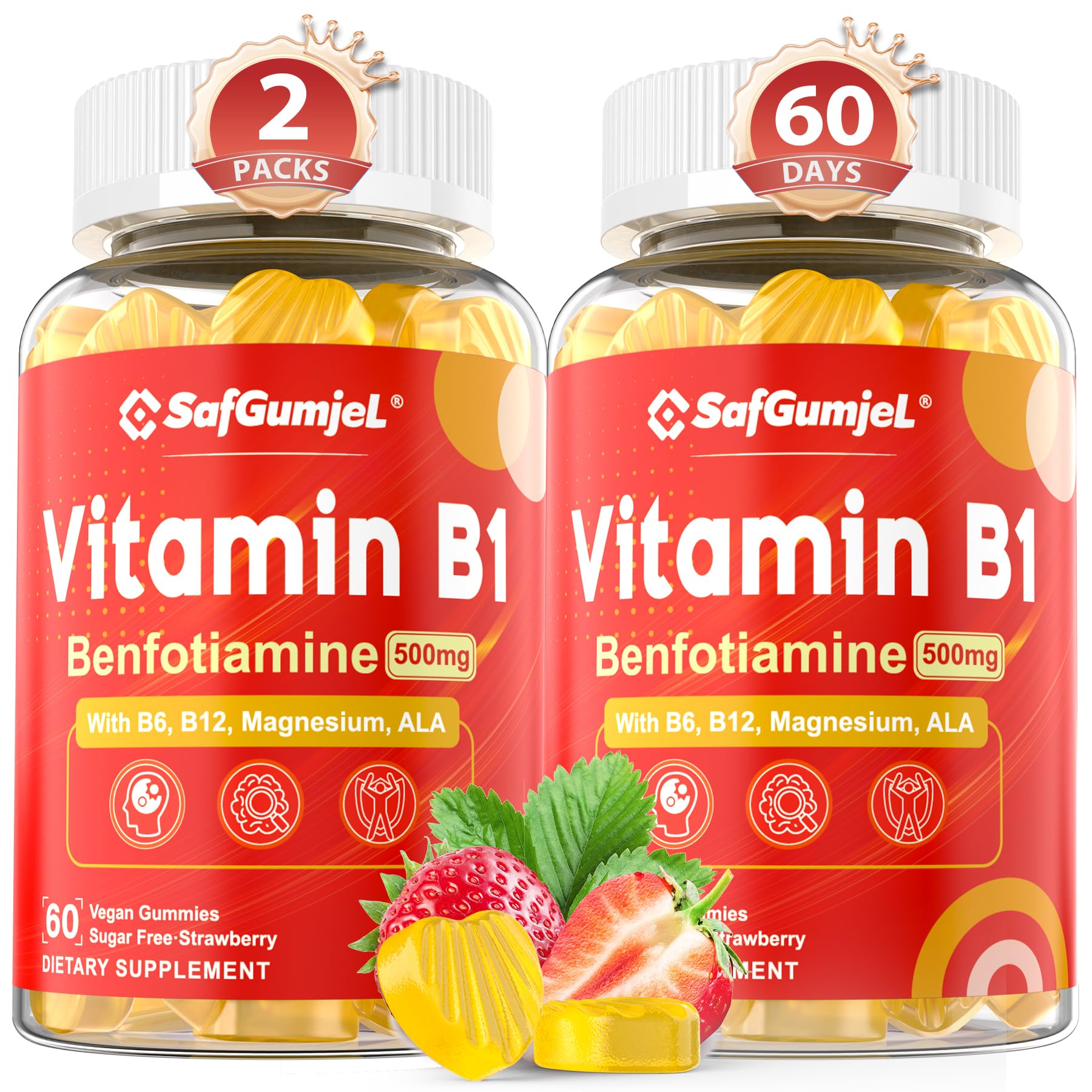 Safgumjel Vitamin B1 (Benfotiamine) Gummies 500mg – B1 B6 B12 with Magnesium for Energy Metabolism & Nervous System Support – Vegan, Sugar Free – 120 Gummies
