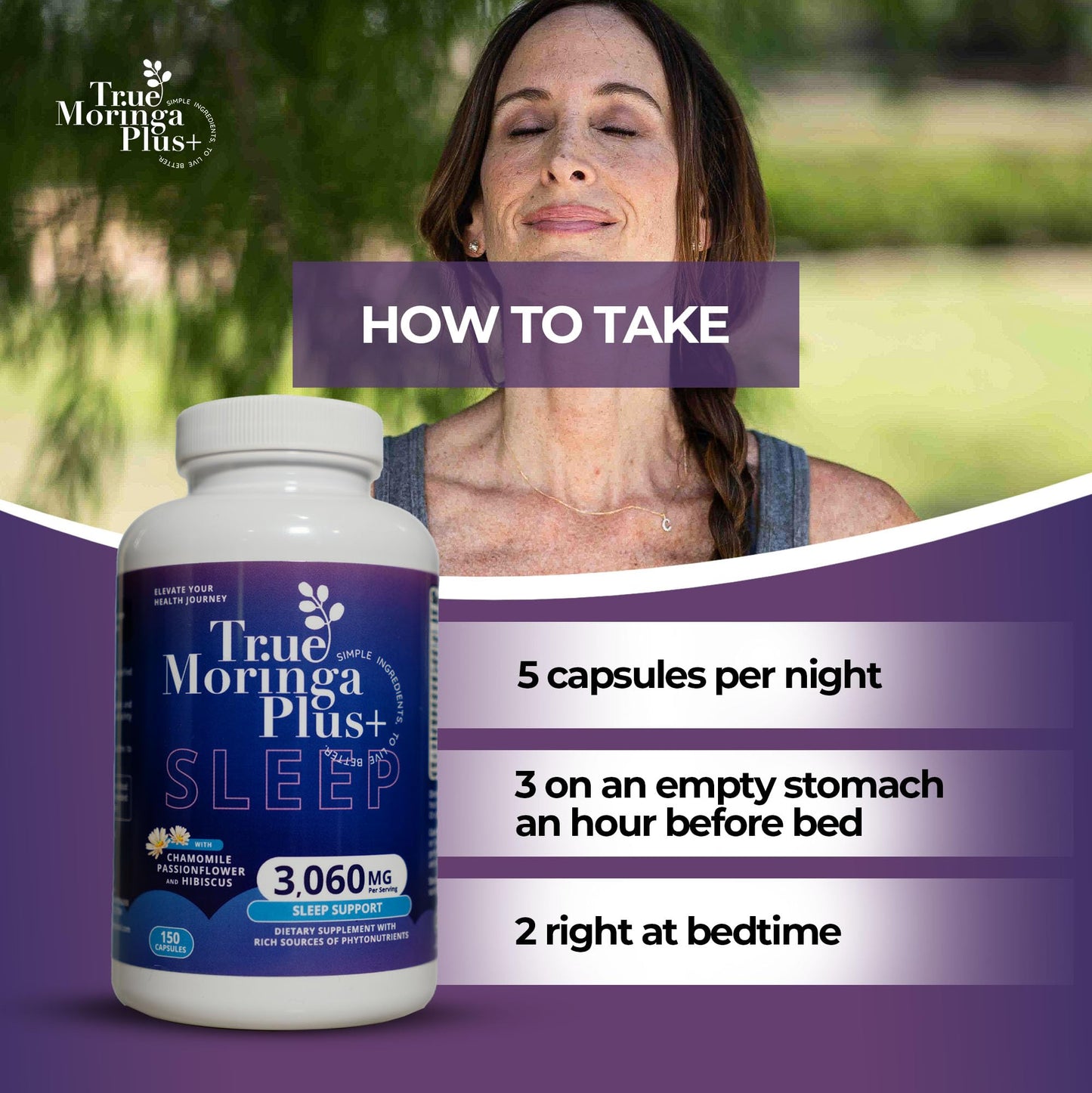 True Moringa Plus+ Sleep Support Supplement 10:1 Extract Capsules, 150 Count