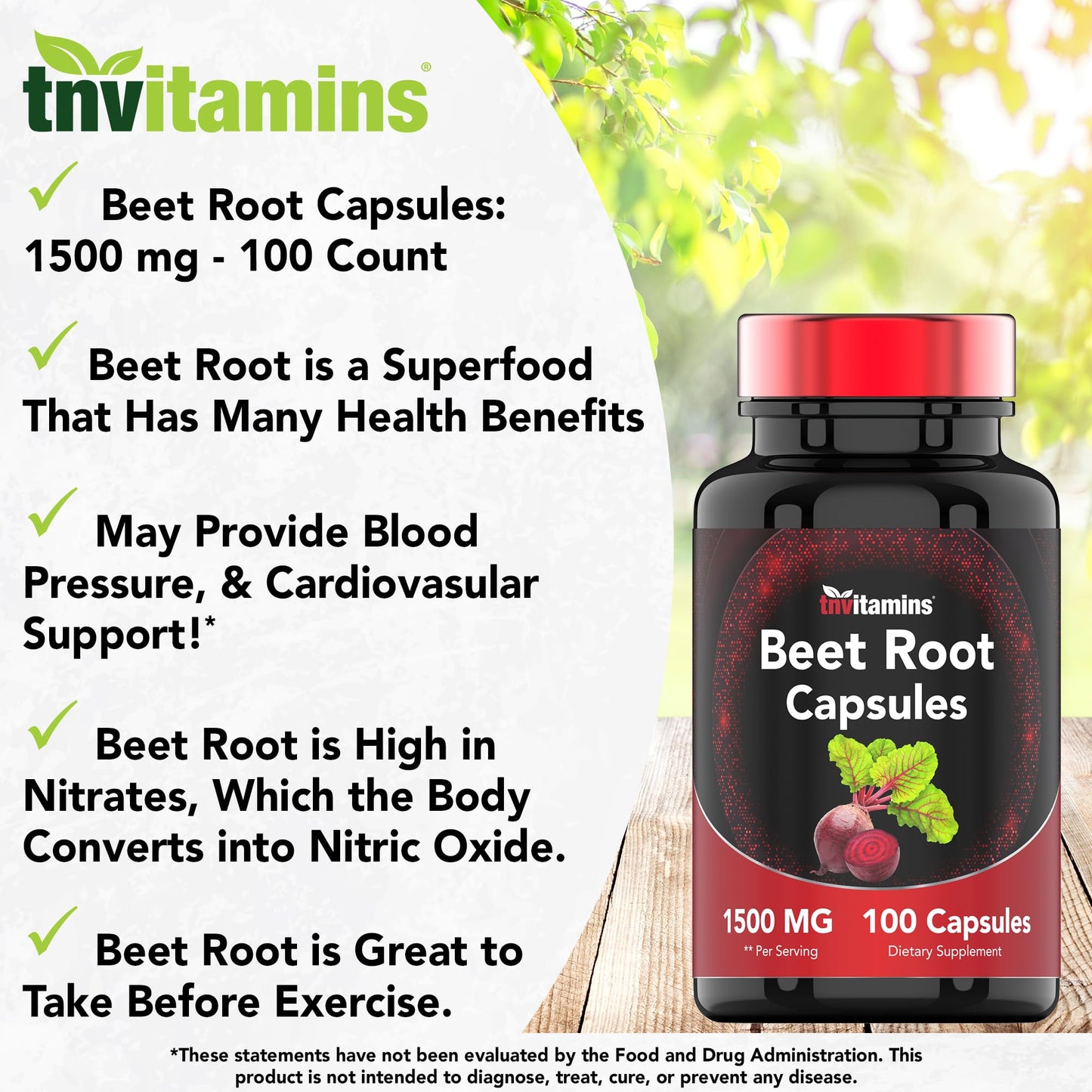 TNVitamins Beet Root 1500 mg Capsules, 100 Count