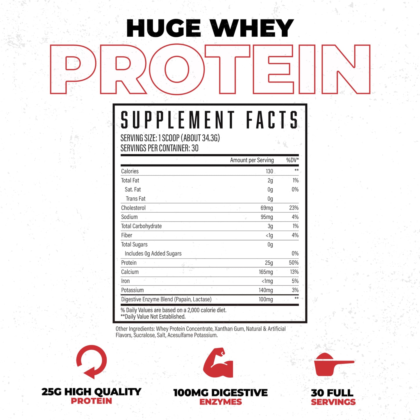 Huge Supplements Huge Whey Protein Powder, White Chocolate Raspberry, 30 Servings