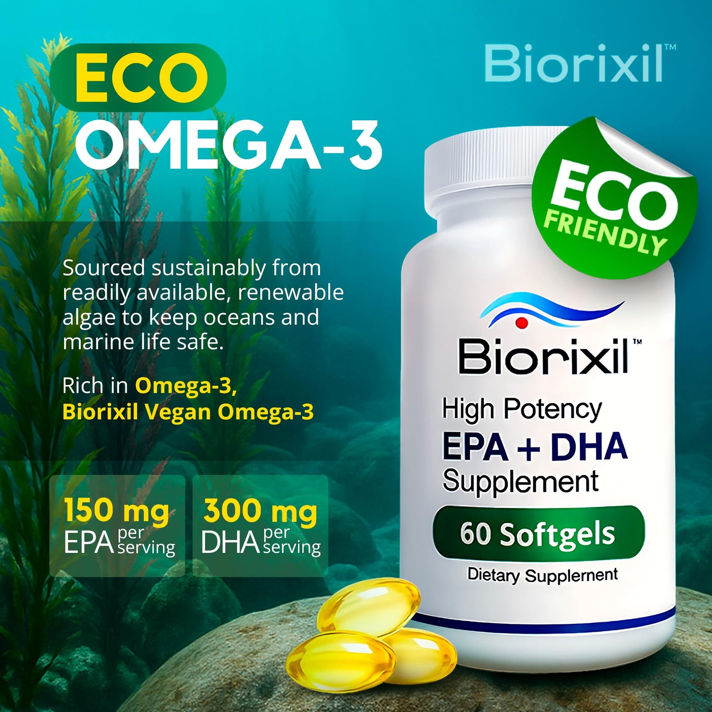 Biorixil Vegan Omega-3 Fish Oil Alternative from Algae Oil - High Potency EPA & DHA Supplement - Easy to Swallow Small Soft Gel Capsules, 60 Softgels