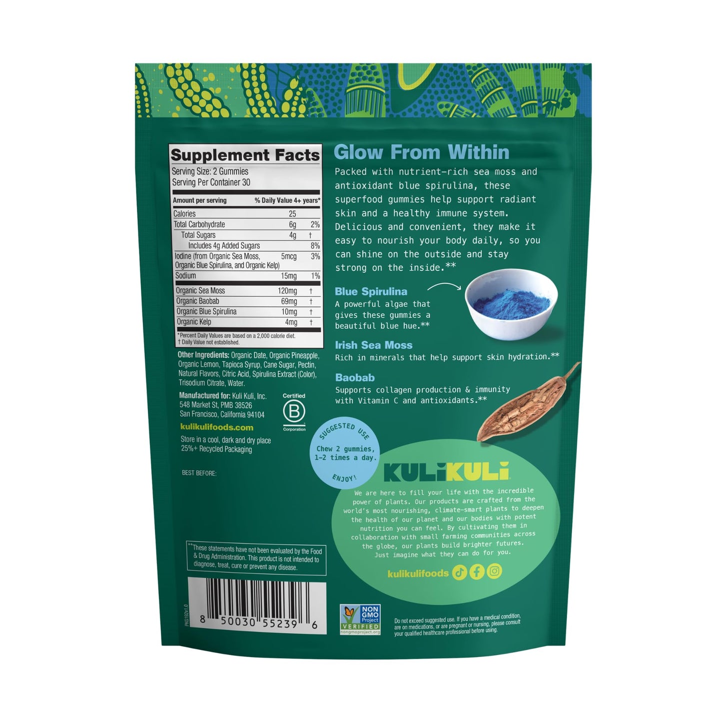 Kuli Kuli Sea Moss & Blue Spirulina Superfood Gummies, 60 Count