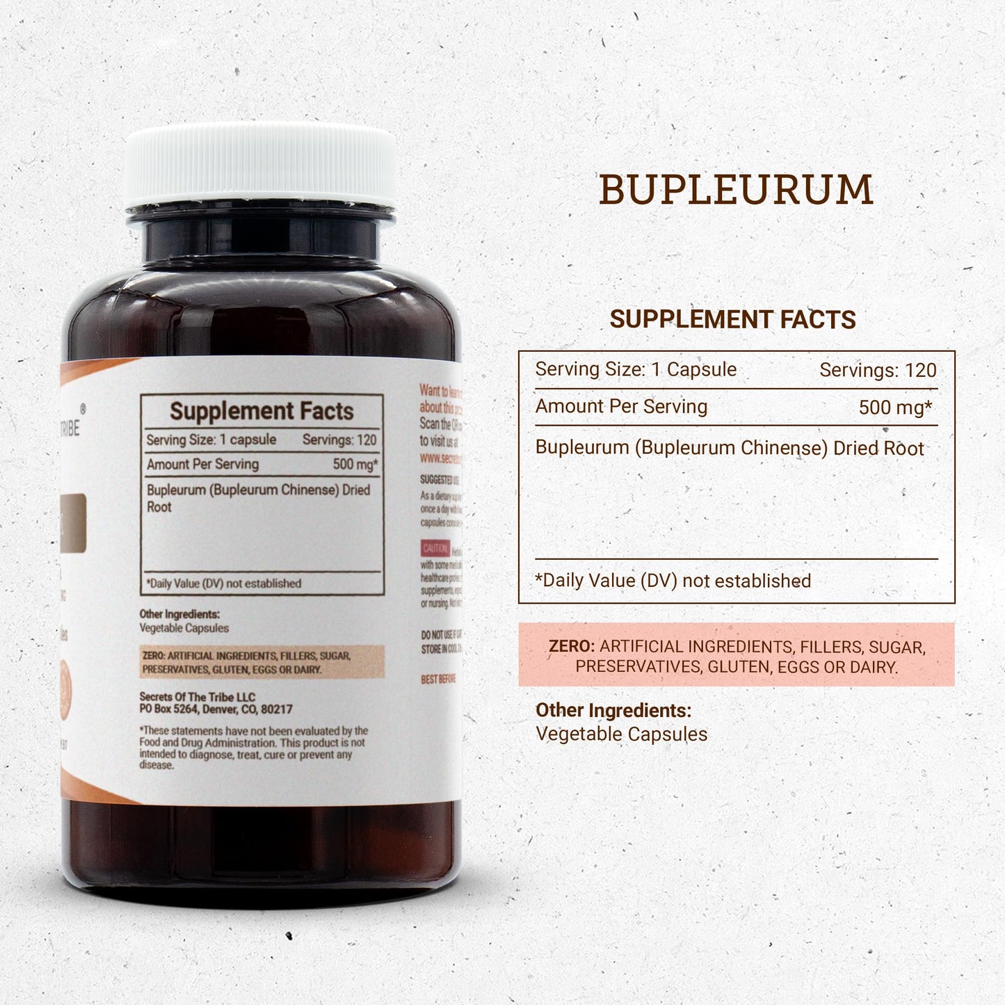 Secrets of the Tribe Bupleurum Chinense Dried Root 500 mg Capsules, 120 Count
