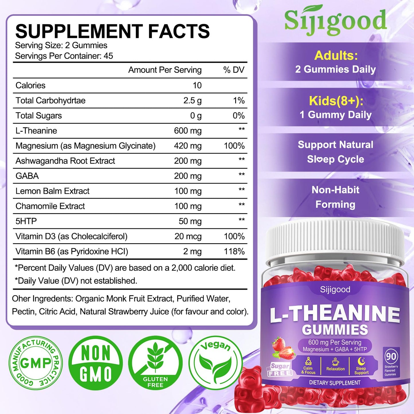 Sijigood L-Theanine Gummies for Kids & Adults (90 Count)
