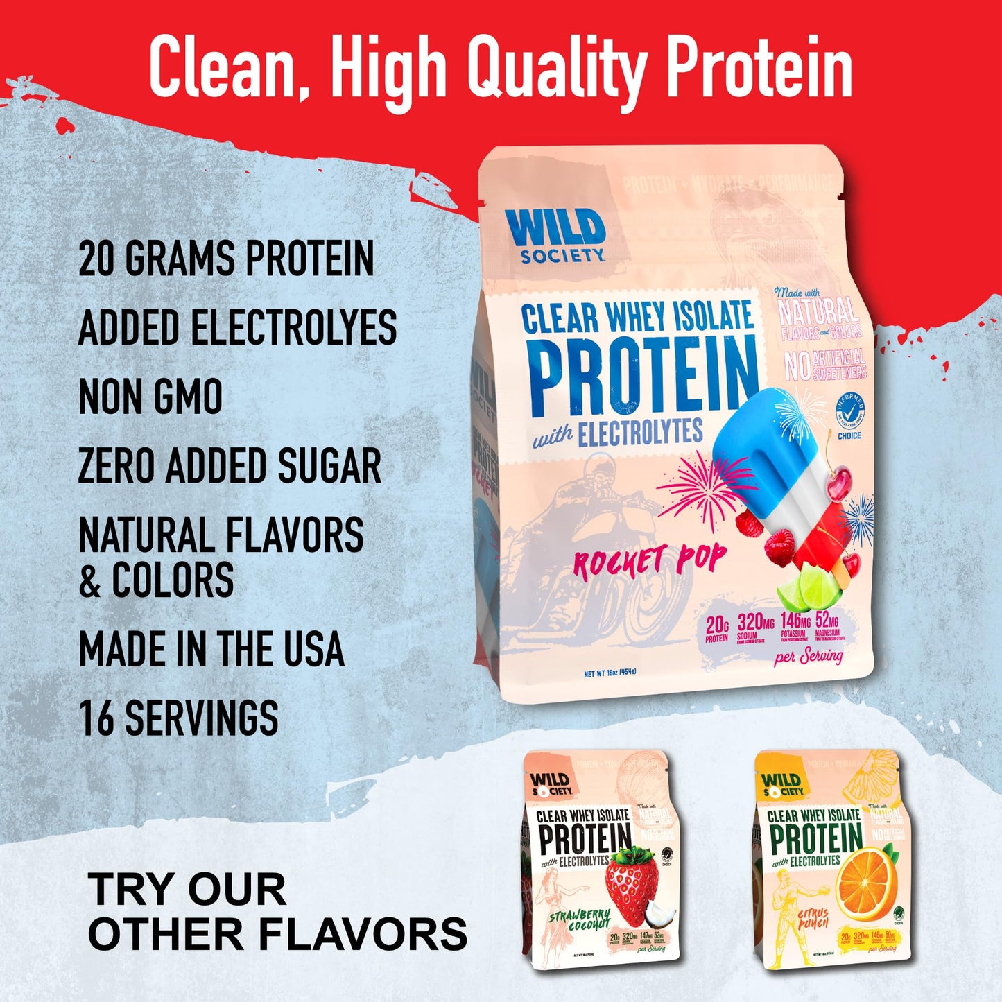 WILD SOCIETY Clear Whey Protein Isolate Powder with Electrolytes, 48 Servings