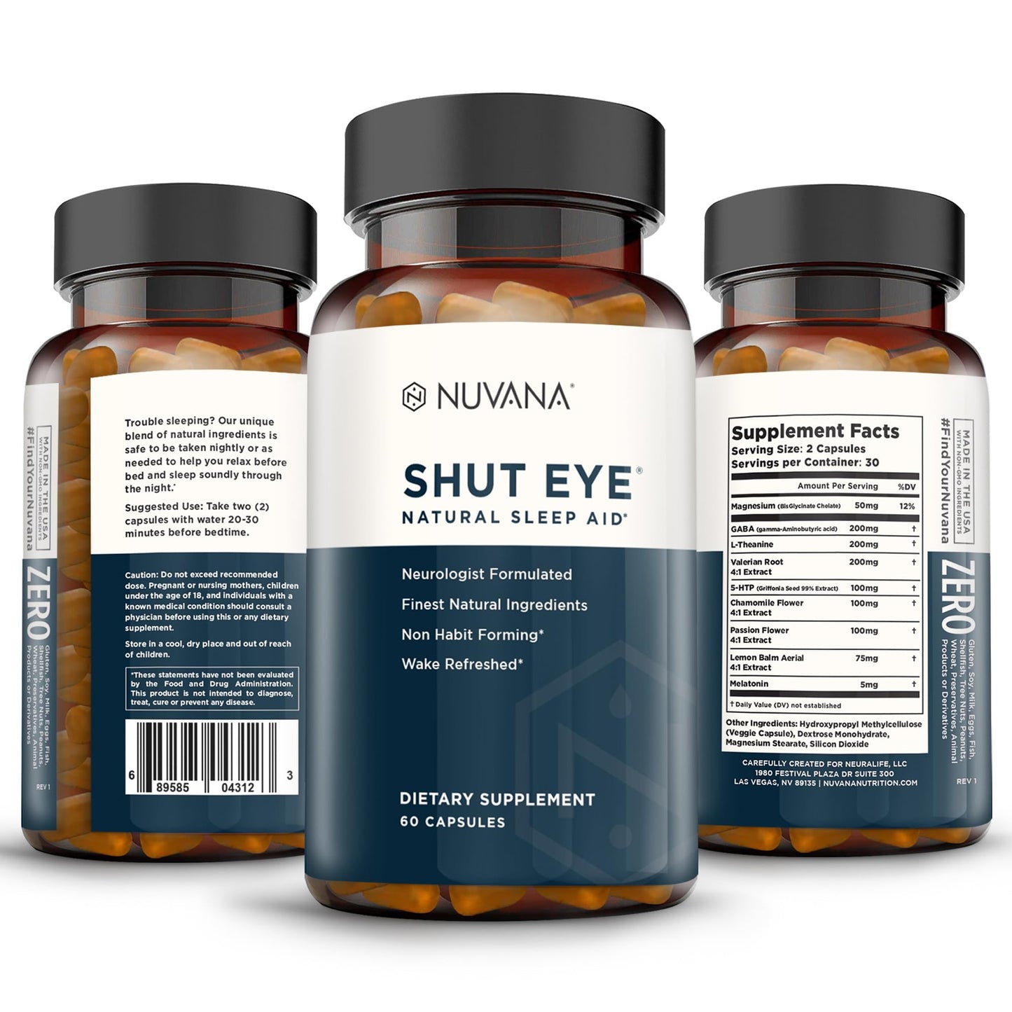 Nuvana Shut Eye Natural Sleep Aid Supplement for Adults 60 Capsules