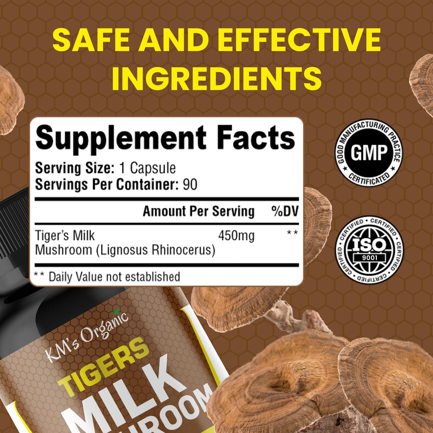 KM's Organic Tiger’s Milk Mushroom Supplement 10:1 Extract (Lignosus Rhinocerus) 90 Vegan Capsules
