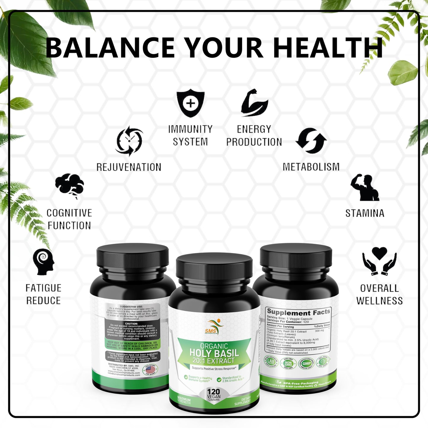 SMSHEALTHPRODUCTS.com Holy Basil 20:1 Extract 120 Capsules