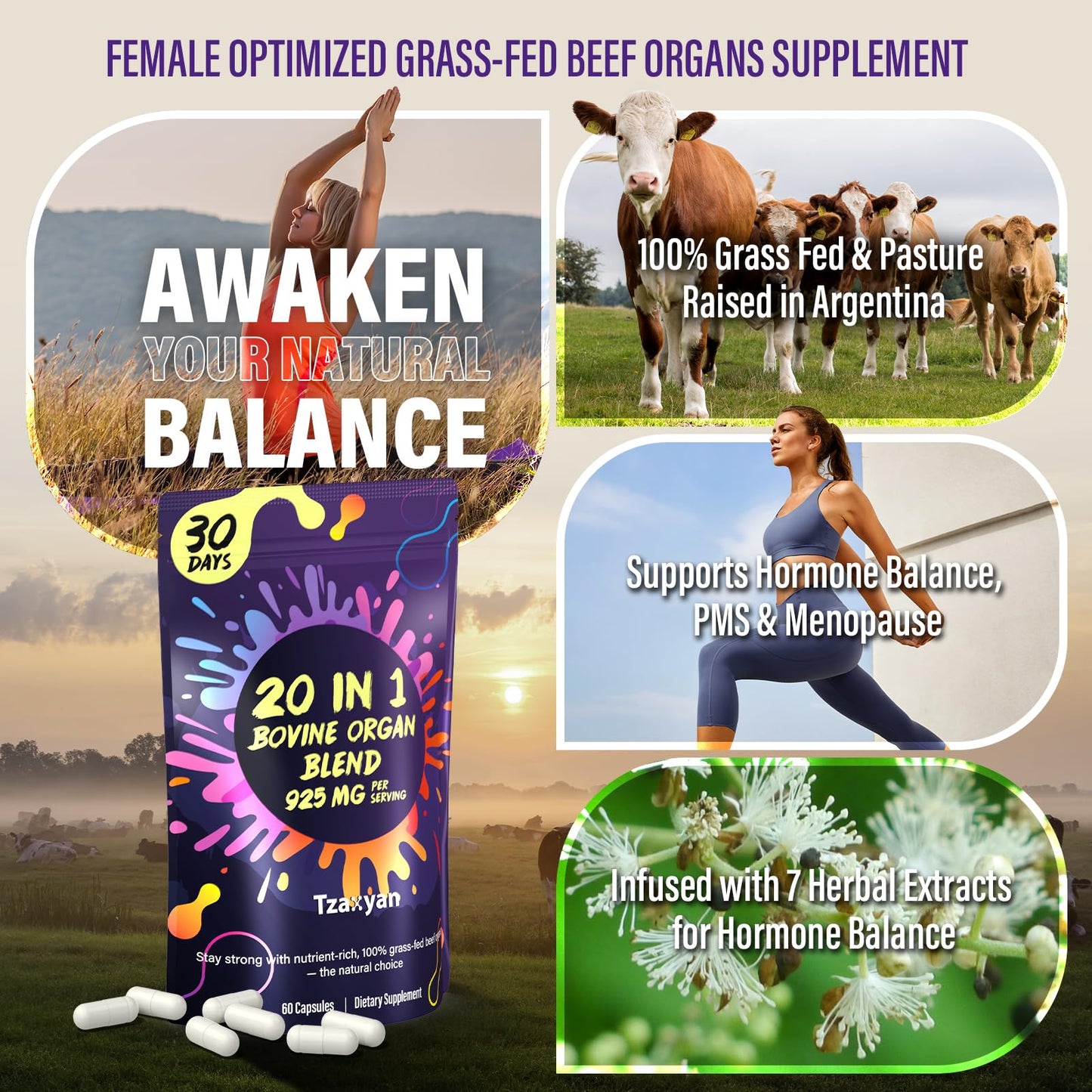 tzaxyan 20-In-1 Beef Organ Supplement for Women Capsule, 60 Count