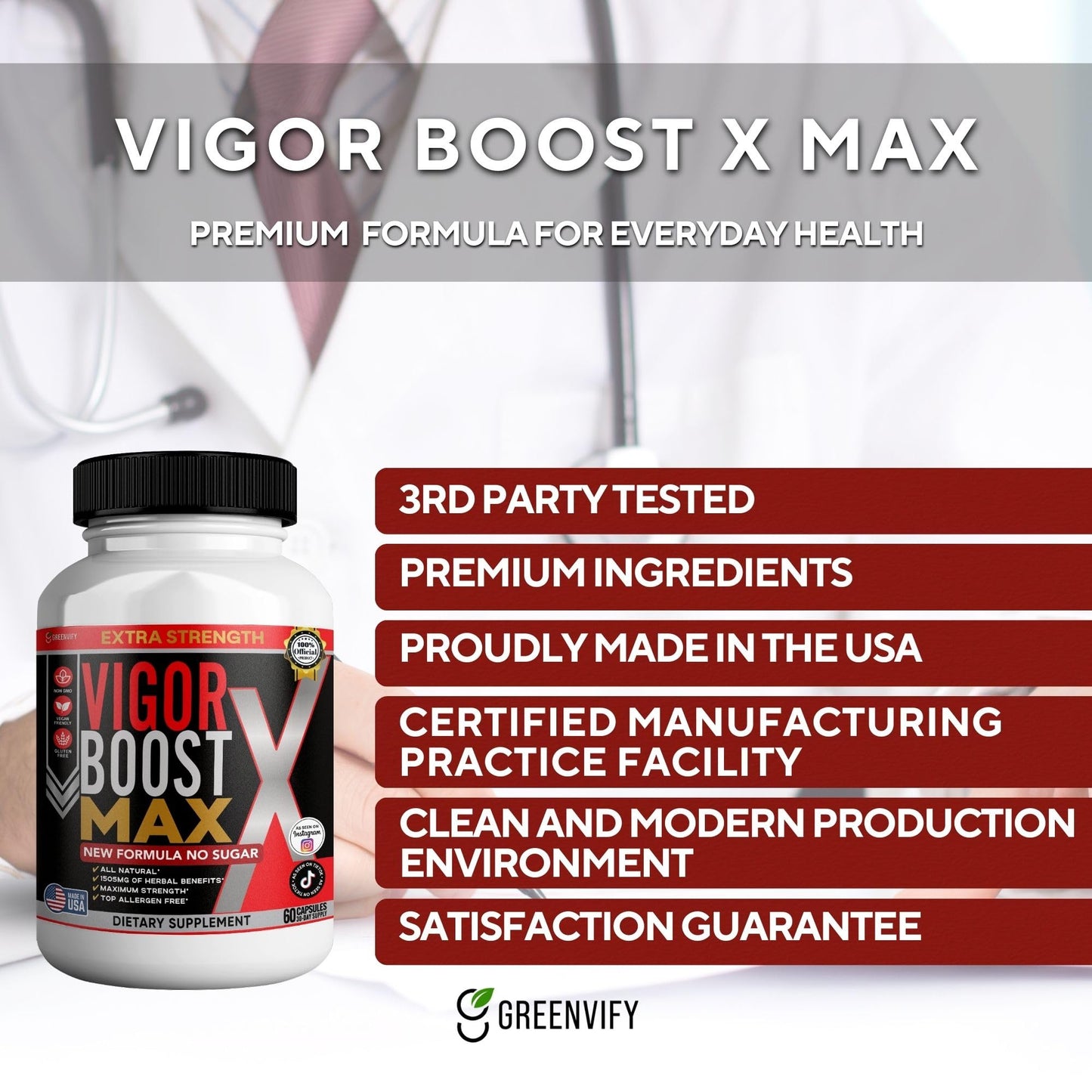 GREENVIFY Vigor Boost Max Extra Strength Organic Maca Root Supplement Black Red Yellow Maca 60 Capsules