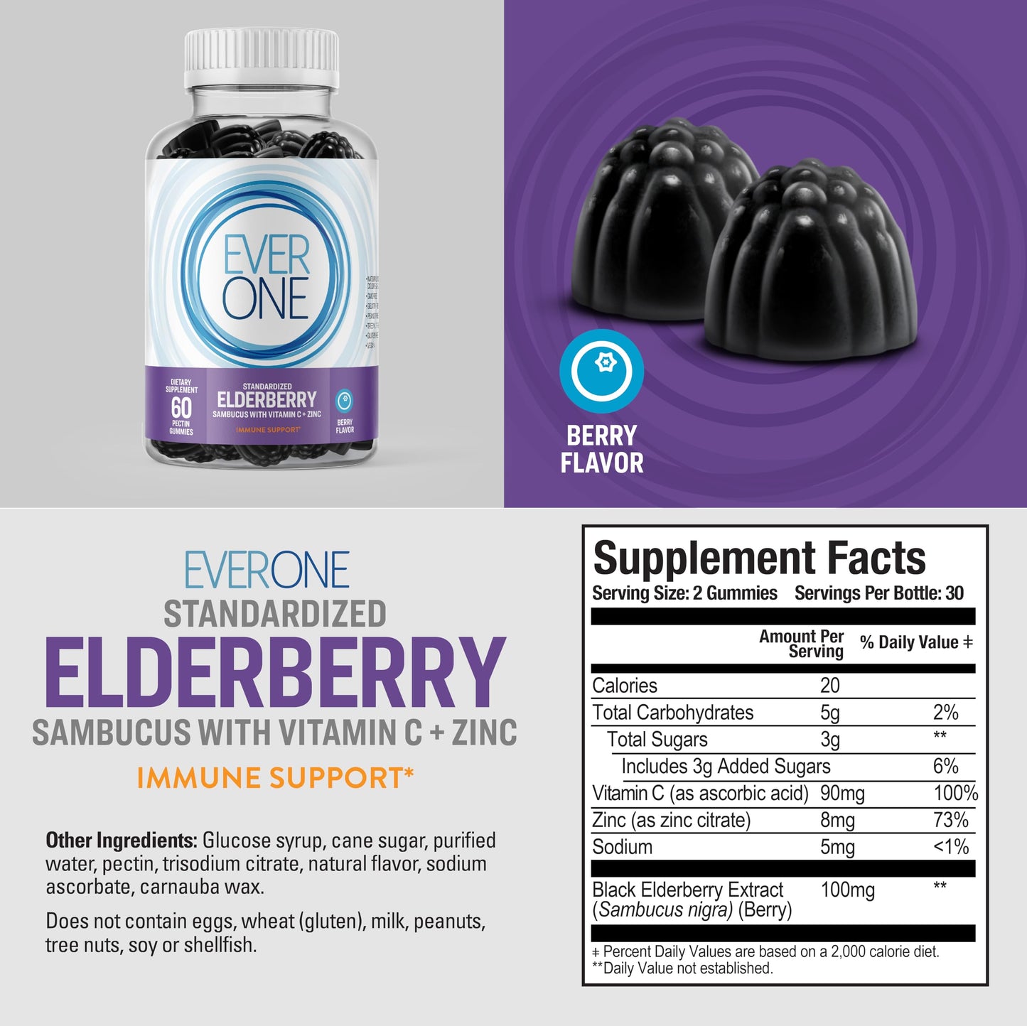 Ever One Sambucus Elderberry Gummies for Adults with Vitamin C and Zinc, 60 Count