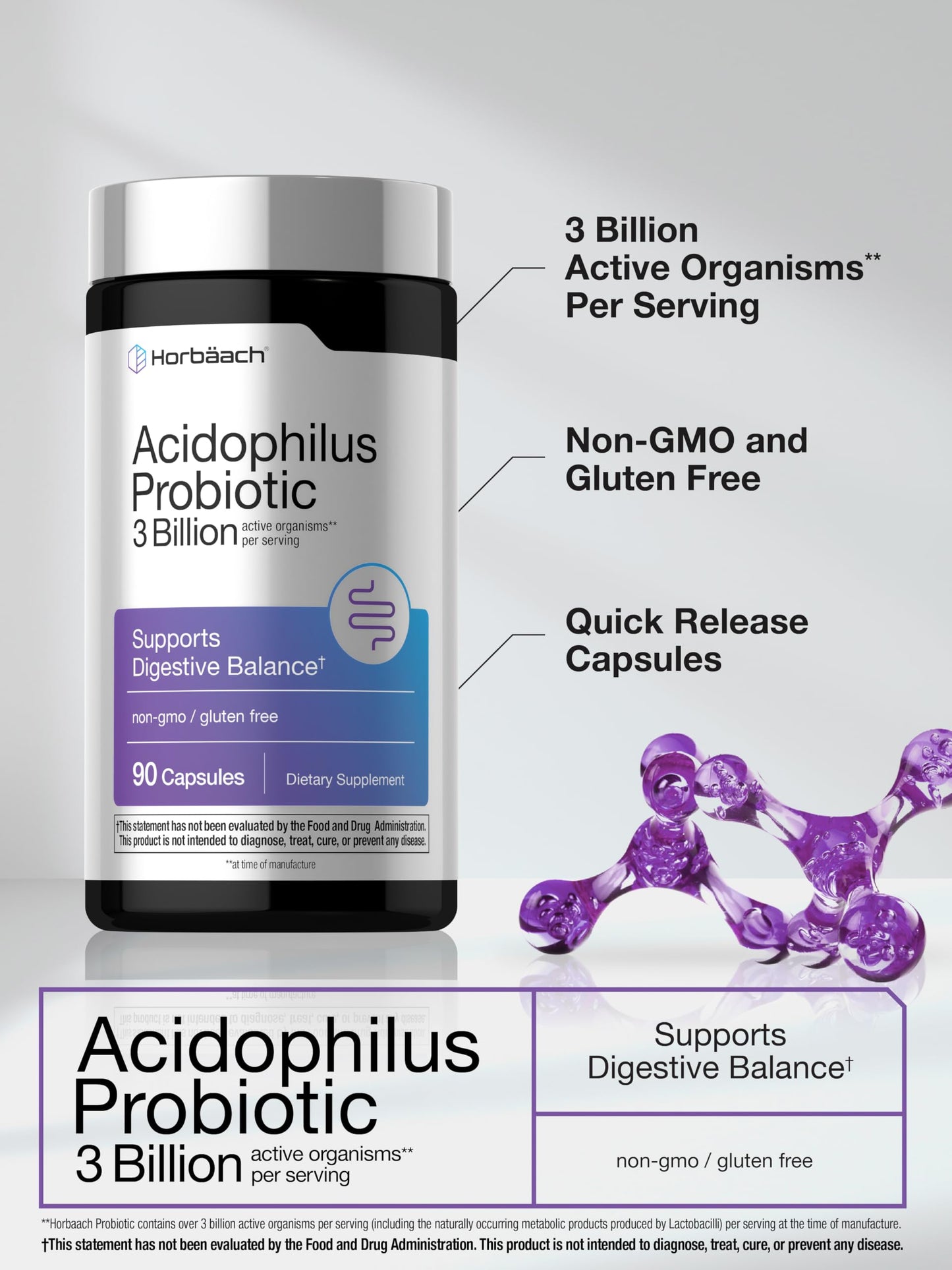 Horbäach Probiotic for Women & Men's Digestive Health 3 Billion CFU, 90 Capsules