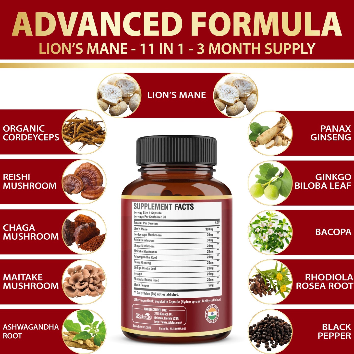 Zolotus 11 in 1 Lions Mane Mushroom Capsules, 90 Capsules