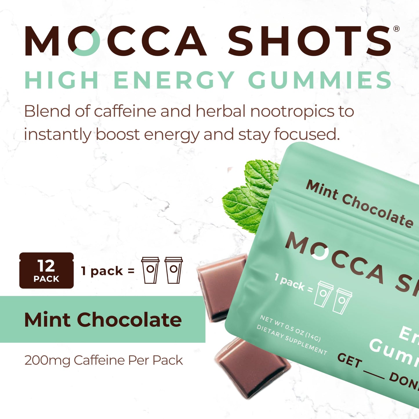SGC Highest Concentration 100 mg Caffeine per Gummy Mint Mocca Shots Plant-Based Instant Energy with Herbal Nootropics, 6-Count