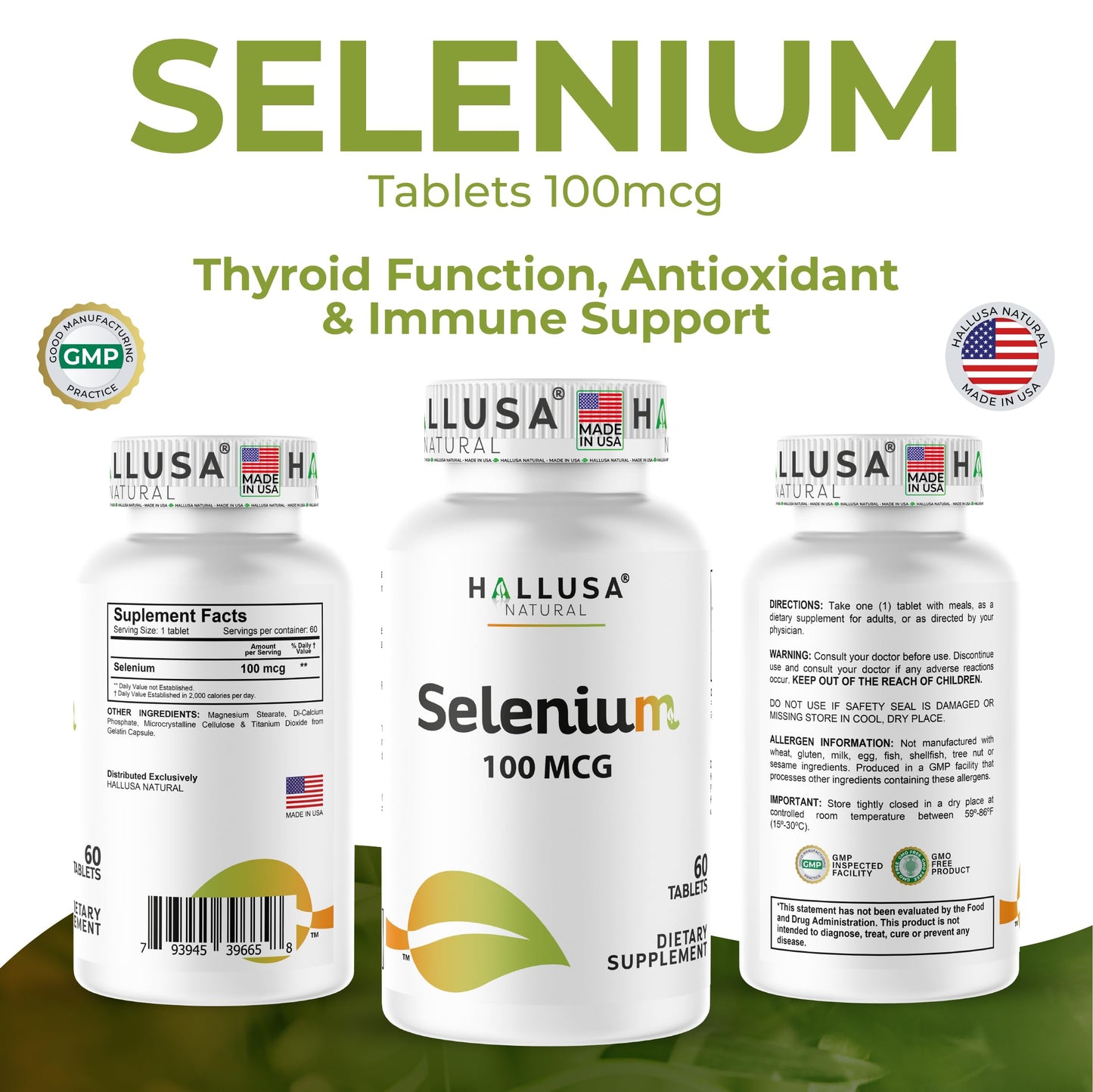 Hallusa Natural Selenium 100 mcg Thyroid Support Tablets, 60 Tablets