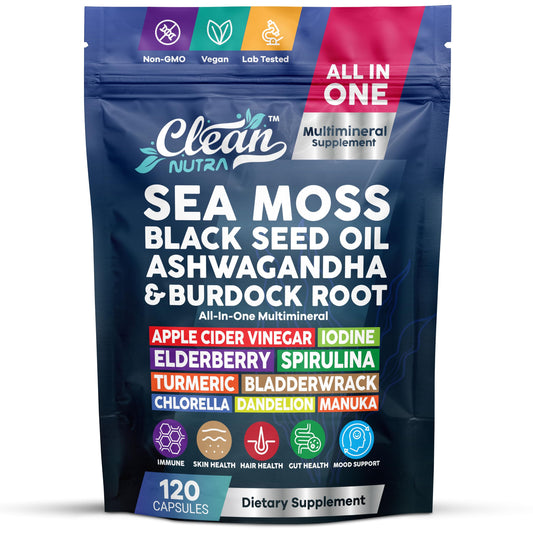 Clean Nutraceuticals Sea Moss Black Seed Oil Ashwagandha Turmeric Bladderwrack Burdock & Vitamin C Vitamin D3 with Elderberry Manuka Dandelion Capsule, 120 Count