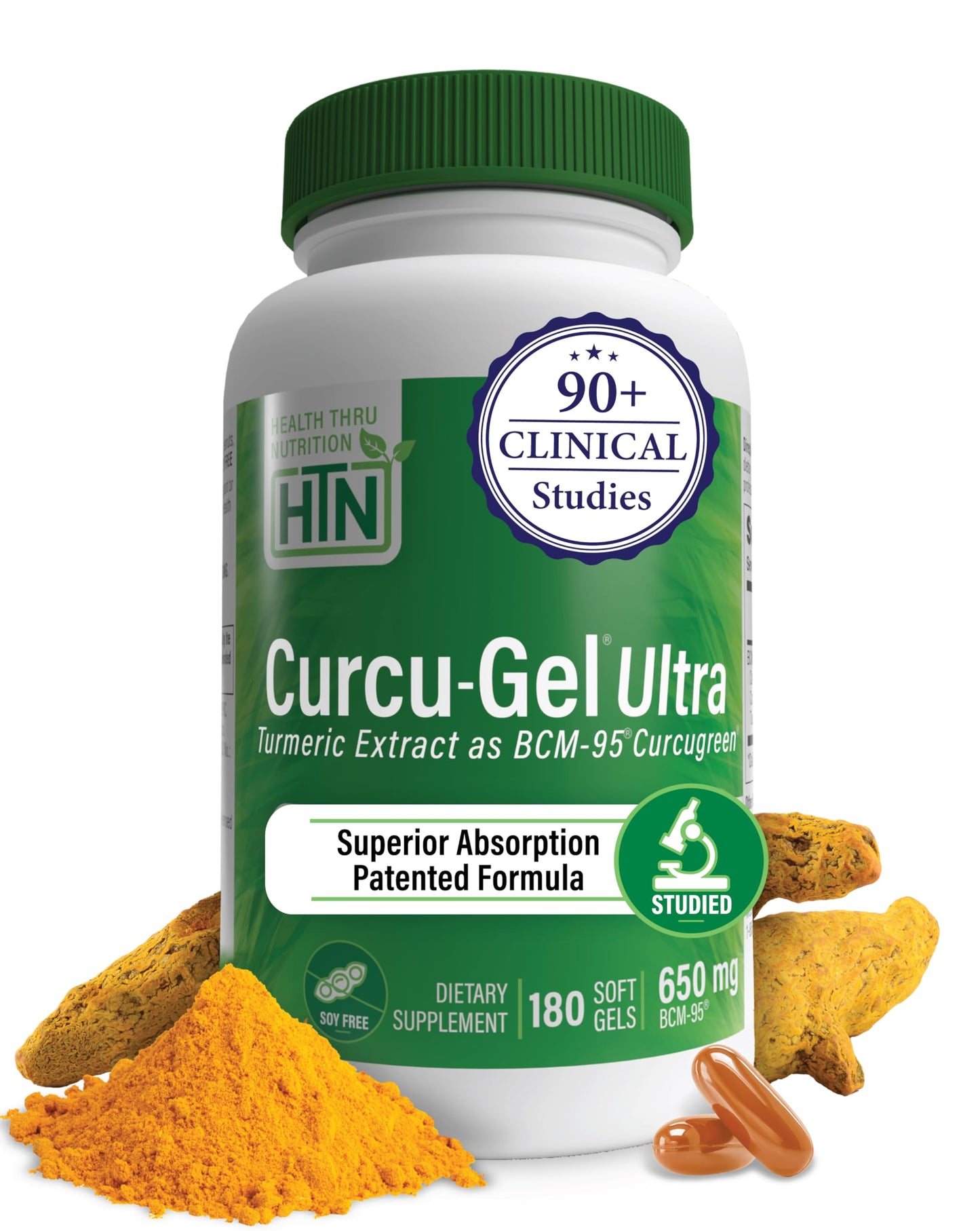 Health Thru Nutrition Curcu-Gel 650mg BCM-95 CurcuGreen Turmeric Curcumin Capsules, 180 Count