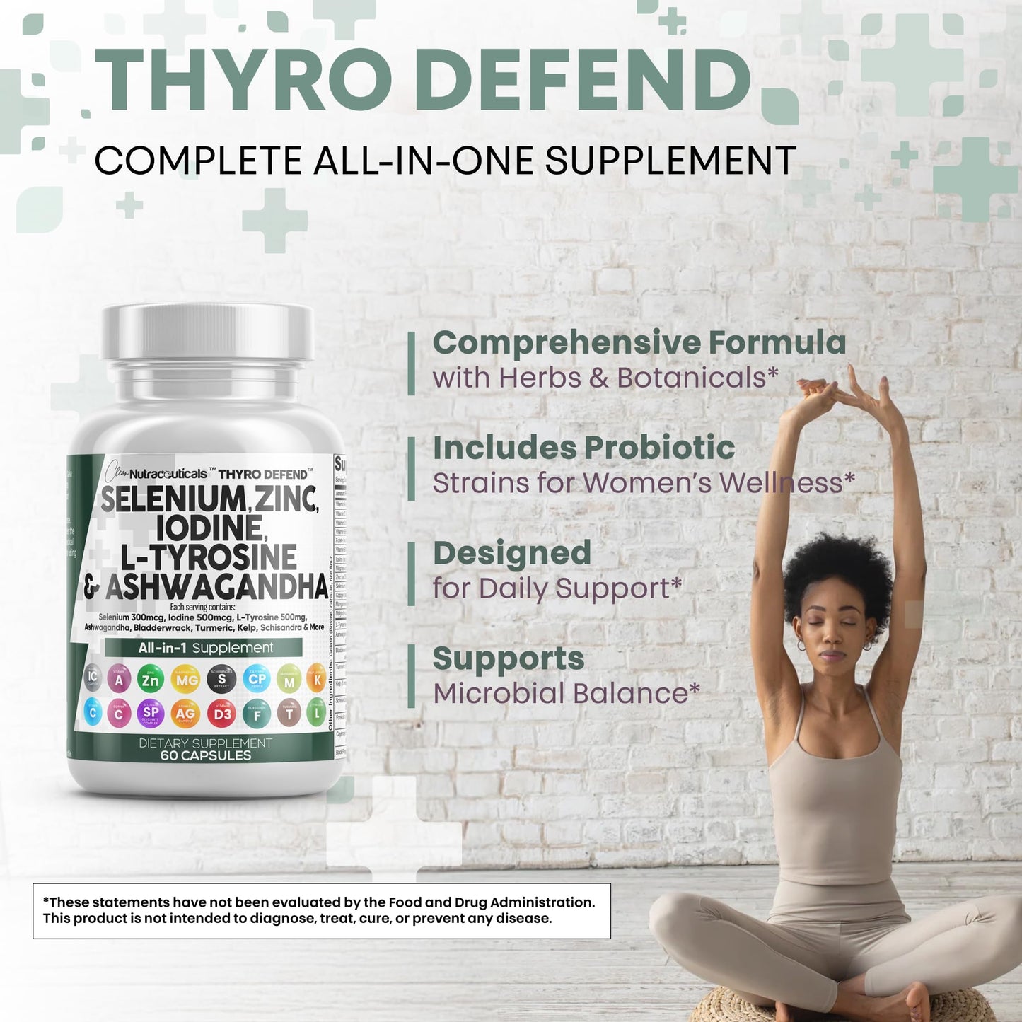 Clean Nutraceuticals Thyroid Support Capsule with Selenium 300mcg & Iodine 500mcg, L-Tyrosine 500mg, Ashwagandha, Bladderwrack, Kelp, Schisandra, Zinc, Turmeric - 120 Capsules