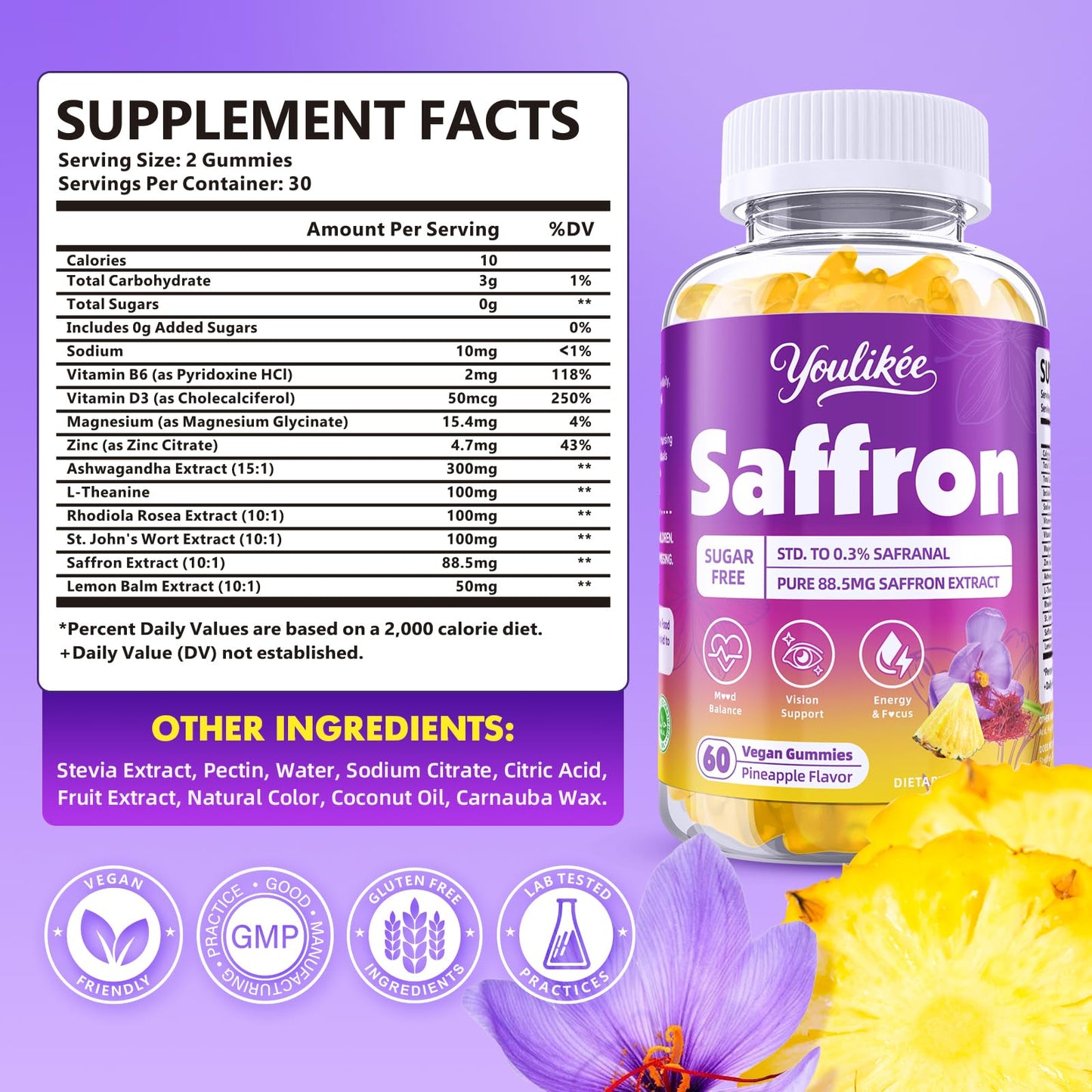 Youlikee Saffron Gummies 88.5mg, Pineapple Flavor, 60 Count