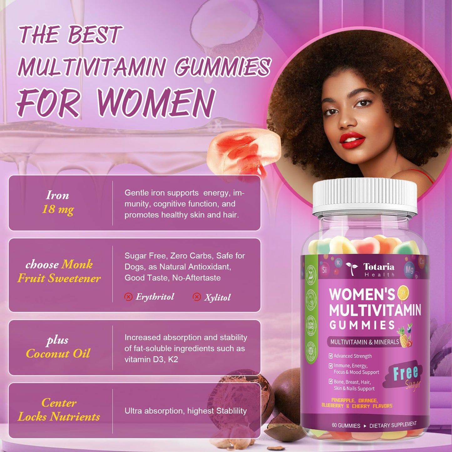 Totaria Sugar Free Multivitamin Gummies for Women 14+ with Iron, Folate, Biotin, Vitamins A, C, B, D3, K2 for Hair, Skin, Energy, Immune, Mixed Flavors, 60 Gummies