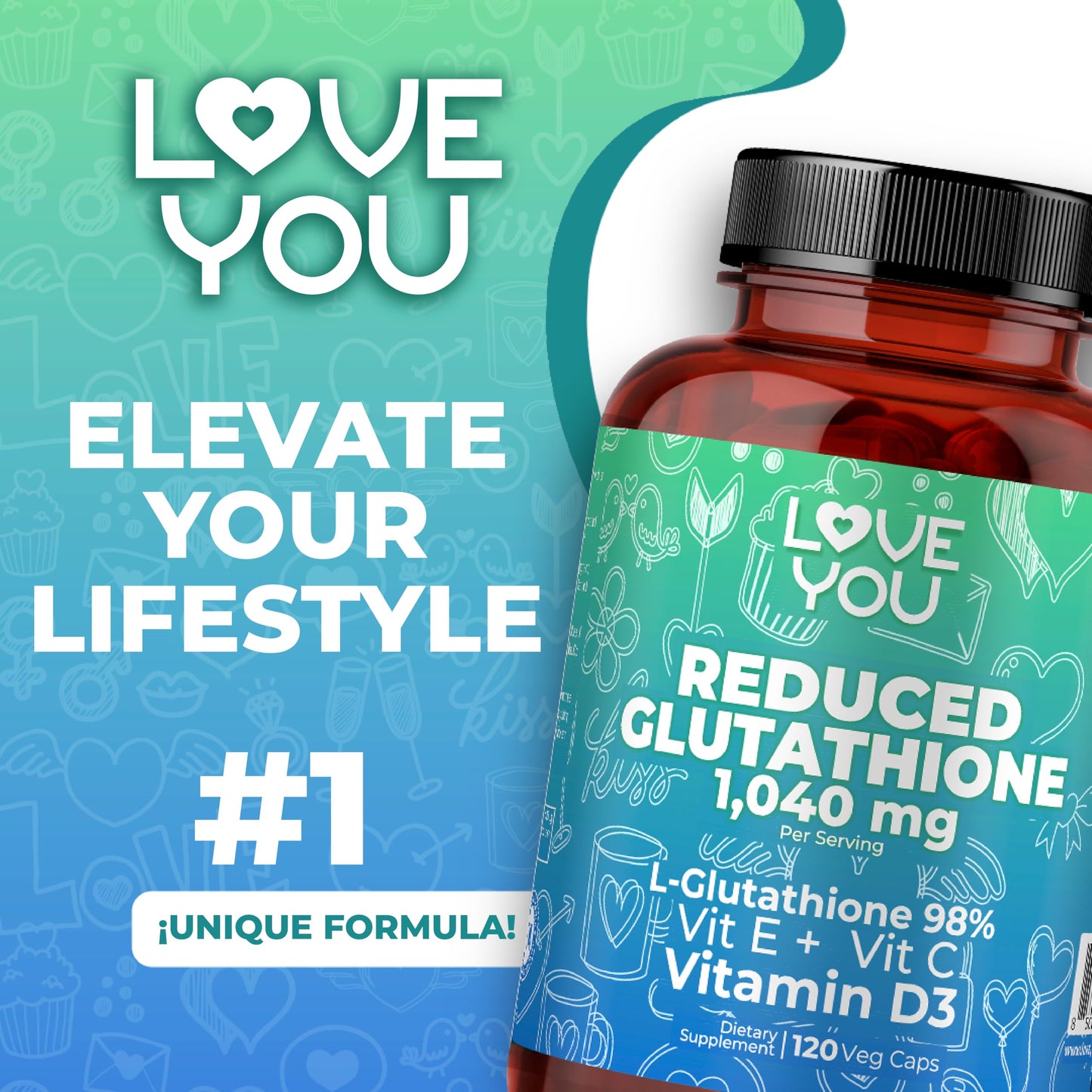 Love You Reduced Glutathione 98% Purity 1040 mg + Vitamin C, E & D3 Intracellular Antioxidant, 120 Capsules