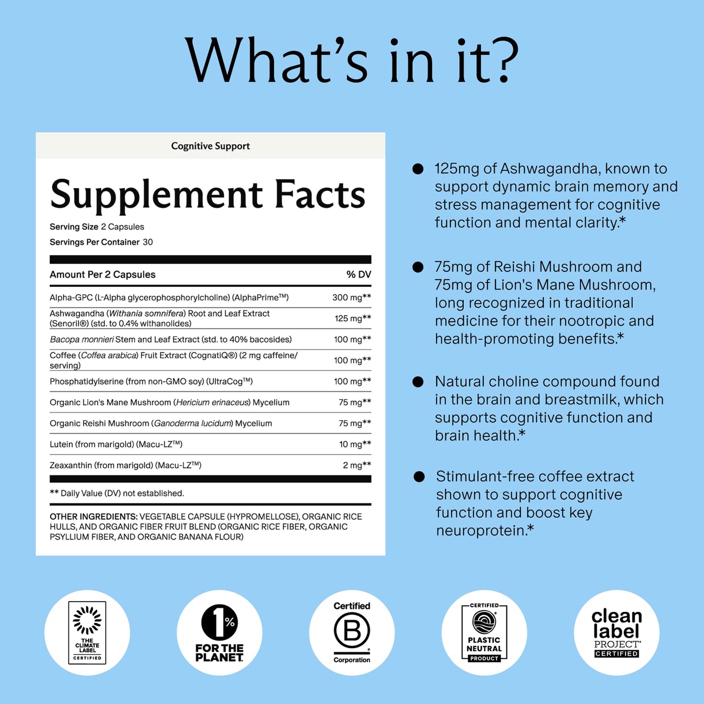 Needed. Cognitive Support - Comprehensive Supplement with Ashwagandha, Reishi & Lion's Mane Mushrooms, Breastfeeding Safe - Supports Focus, Attention, & Memory Capsule 60
