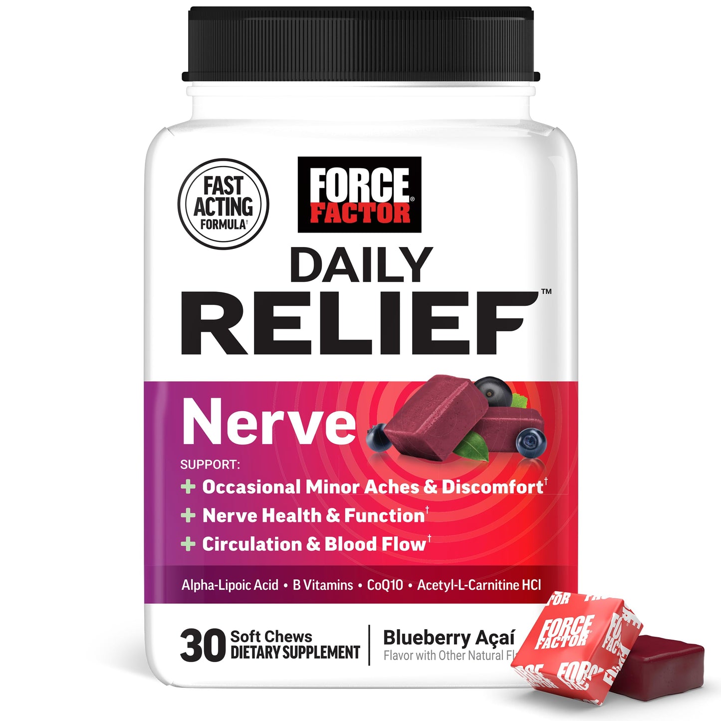 Force Factor Daily Relief Nerve Supplement with Alpha Lipoic Acid Soft Chews, 30 Count