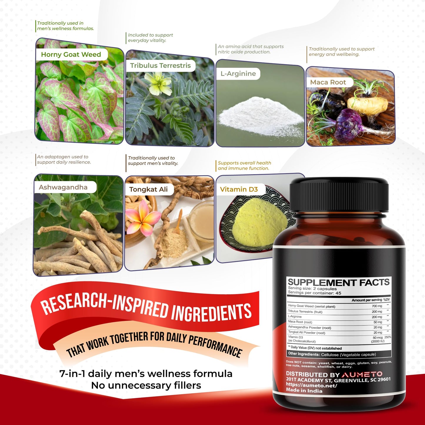 Aumeto Vitality & Wellness Support for Men with Tribulus, Tongkat Ali, Maca Root, L-Arginine & Vitamin D3 – 90 Capsules