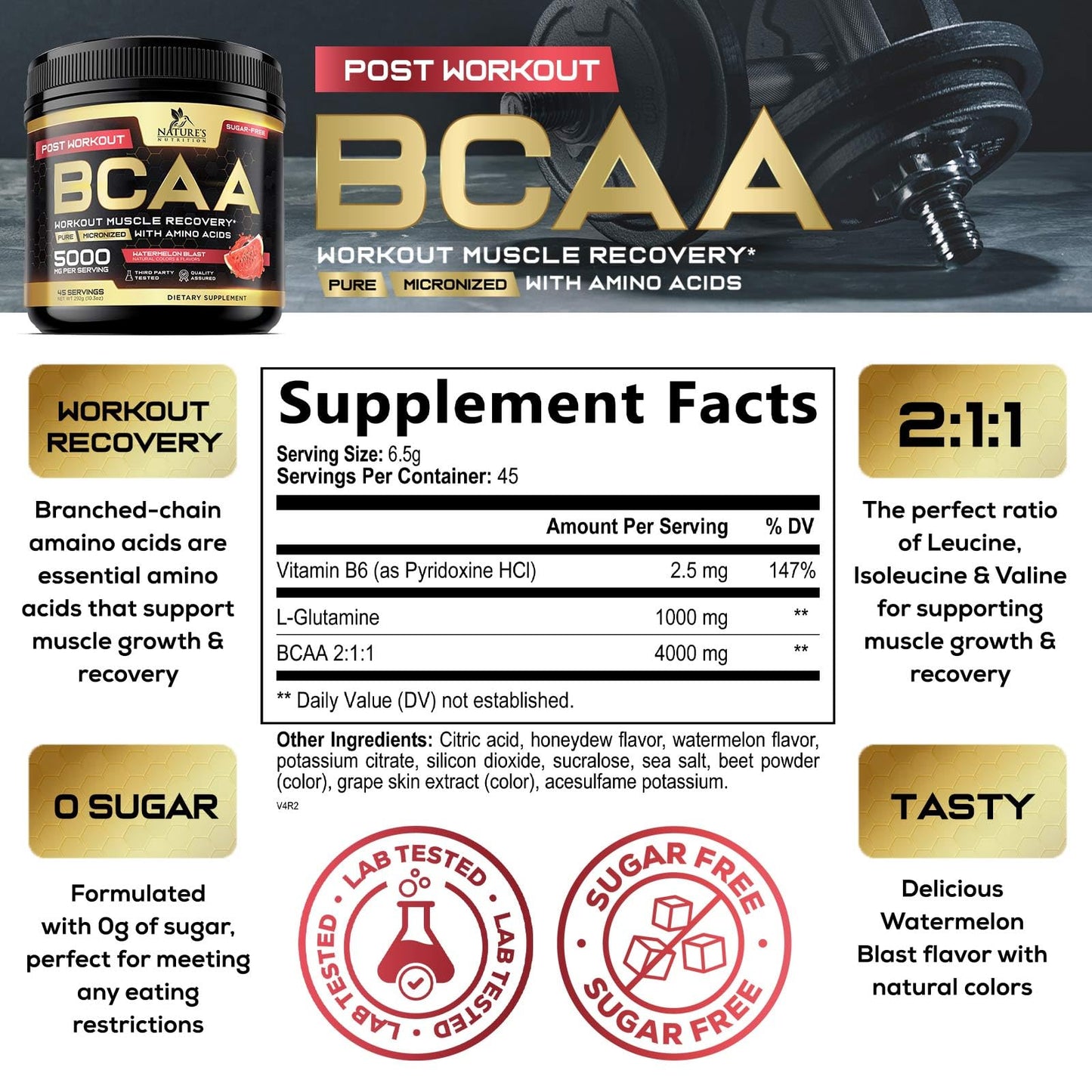 Nature's Nutrition BCAA Powder with L-Glutamine & Amino Acids, Watermelon, 10.3 Ounce