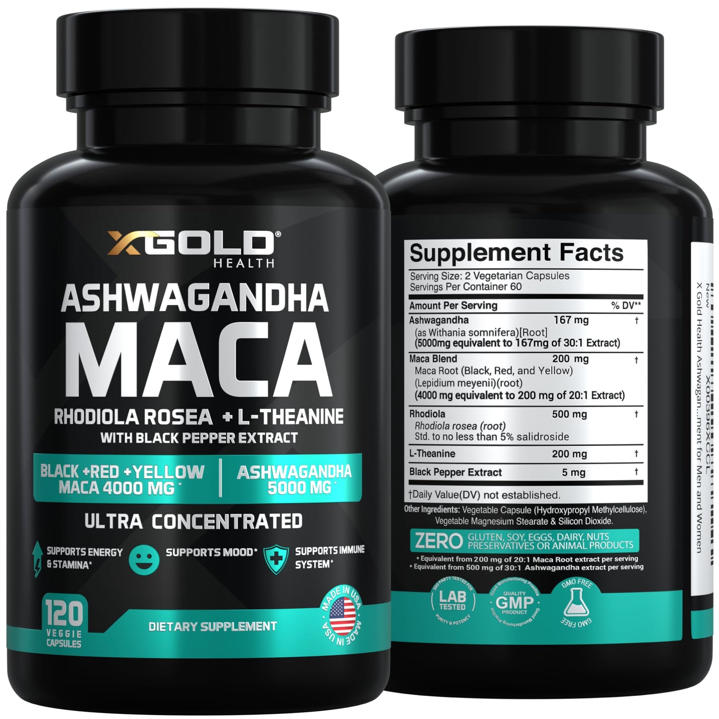 X Gold Health Ashwagandha & Maca Root Capsules with Rhodiola & L-Theanine (30:1 Ashwagandha Extract; 20:1 Maca Root Extract), 120 Capsules