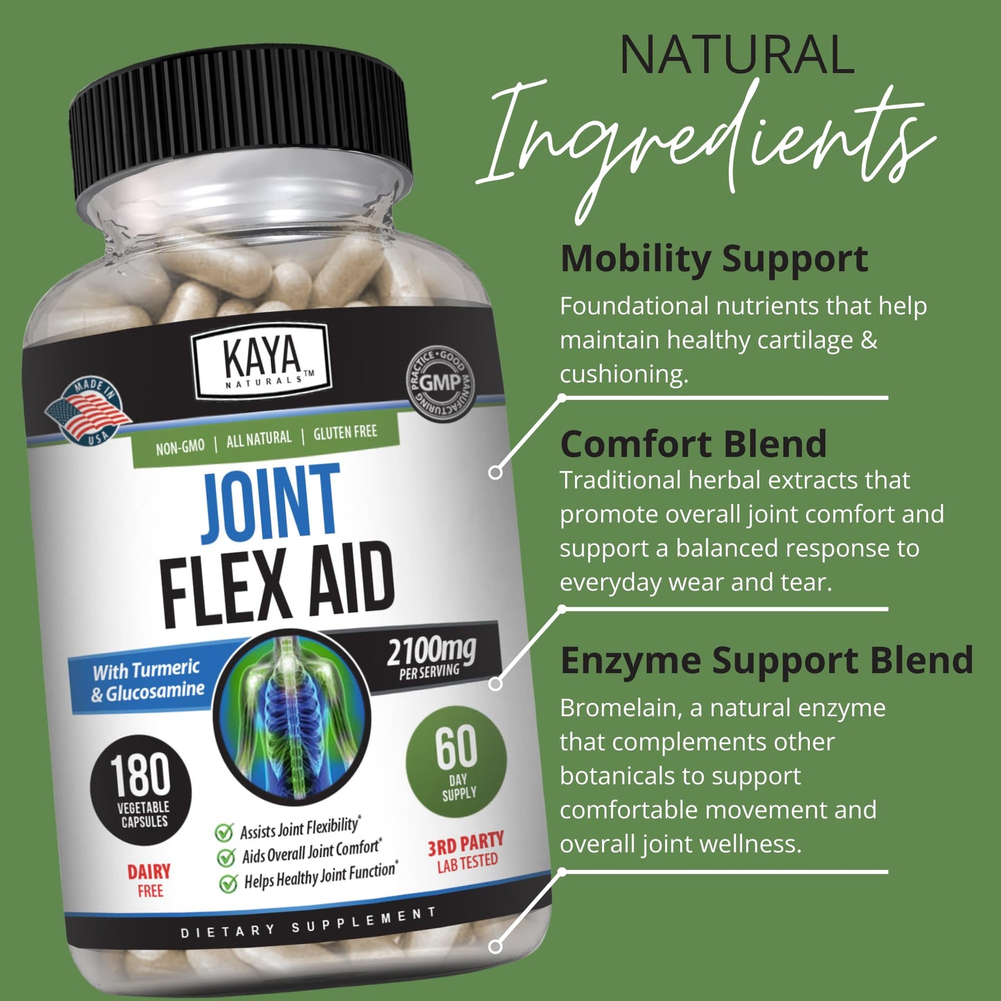 Kaya Naturals Flex Aid Mobility Support Turmeric Capsules with Glucosamine Sulfate, Boswellia Serrata and MSM - Knee Support and Mobility Health, 180 Capsules
