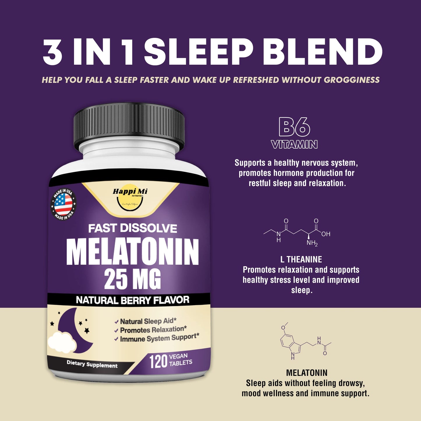 Happi Mi Nutrition Melatonin 25mg Extra Strength with L-Theanine & Vitamin B-6 Fast Dissolve Tablets, Sleep Support, 120 Tablets
