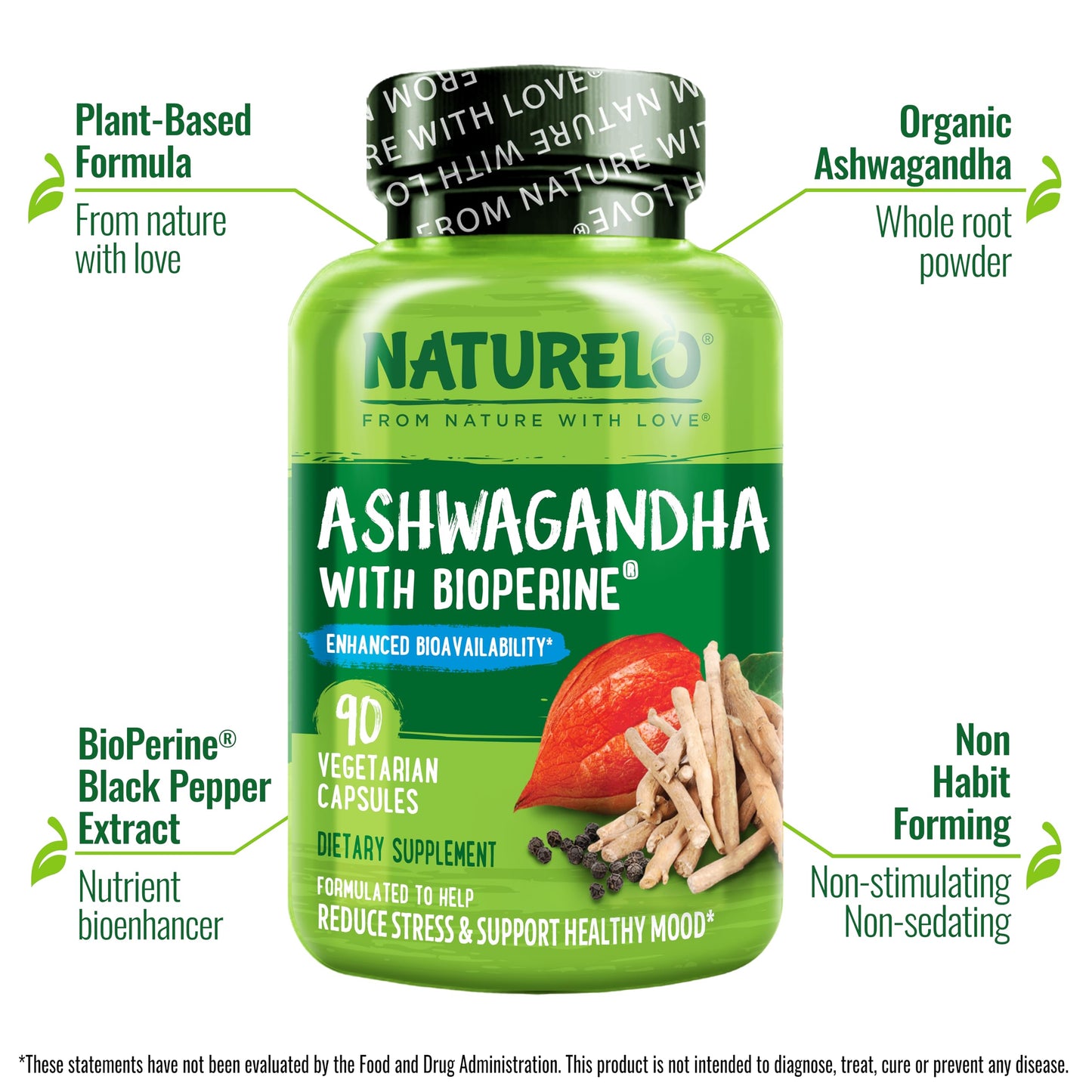NATURELO Ashwagandha Organic Root Powder 90 Capsules