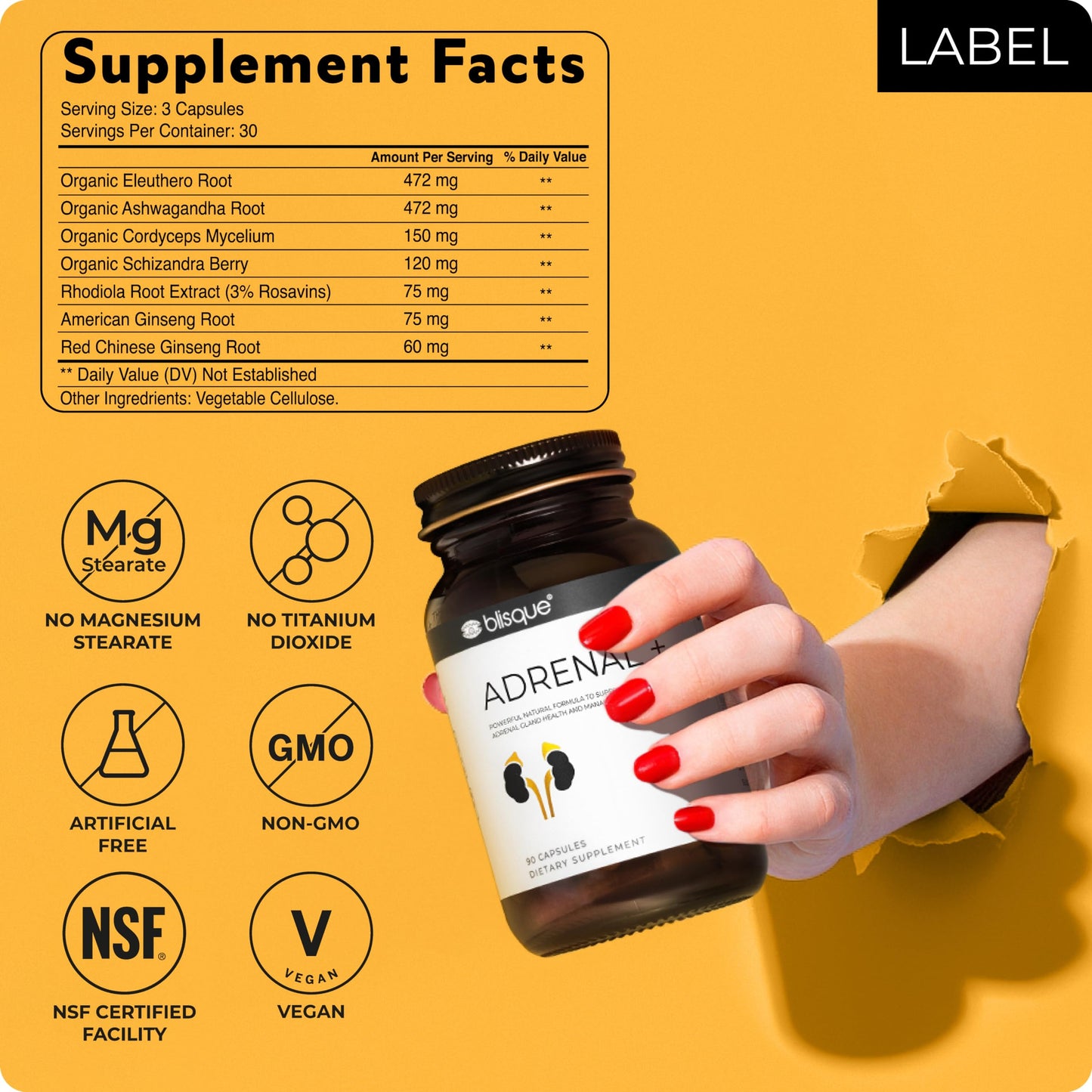 Blisque Natural Adrenal Support Supplement, 90 Capsules