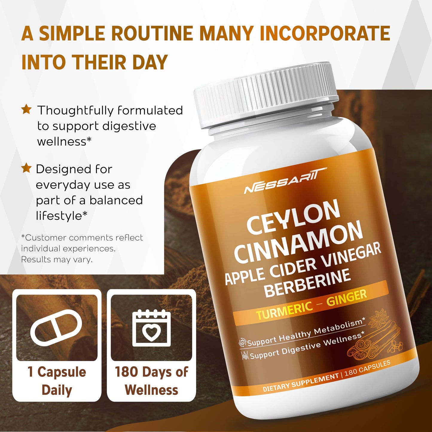 NESSARIT Ceylon Cinnamon Supplement Capsules 180 Count