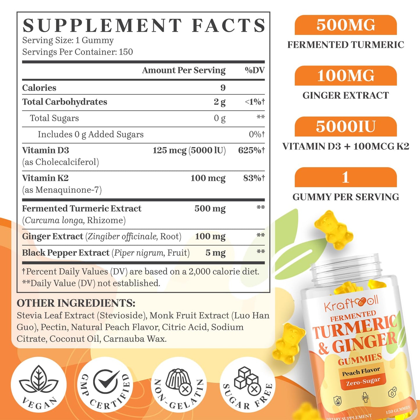 Kraftvoll Turmeric and Ginger Gummies with Black Pepper, Fermented Turmeric for Joint Comfort & Mobility, Sugar-Free with Vitamin D3 + K2, Natural Peach Flavor, 150 Gummies